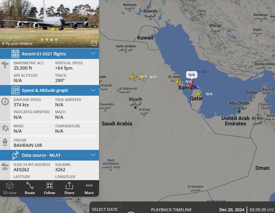 SirListenalot's tweet photo. 0335z A bunch of #KC135's out of Al-Udeid. The one of interest is #AE0262 at FL255 which is likely #RCH012, together with #KC46 #AE5E07 #RCH011, both for AR with two #B52's returning home from Al-Udeid https://t.co/0wtm8wcfah