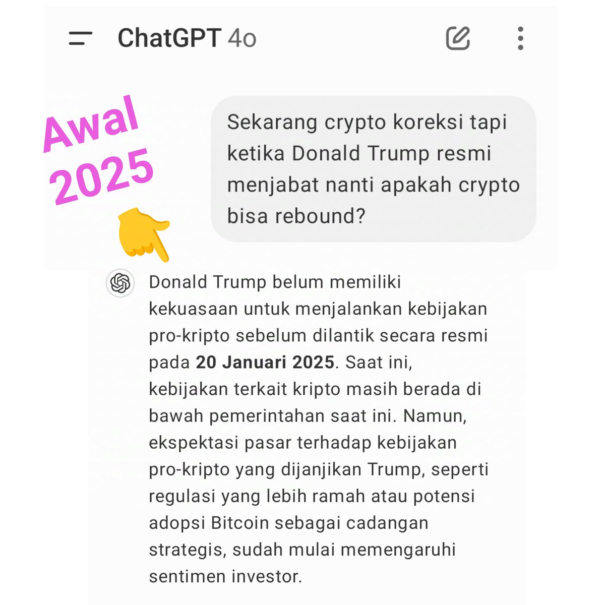 Kebijakan pro crypto Donald Trump belum bisa dijalankan karena dia belum  resmi menjabat, jadi saat ini kebijakan crypto masih pemerintahan Biden.  Menjelang 20 Januari 2025 seharusnya crypto bisa rebound tinggi lagi karena