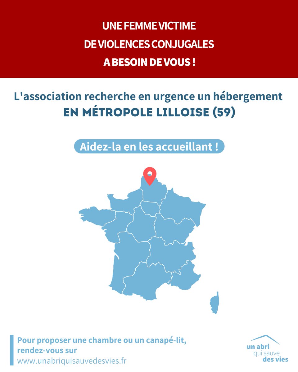 ⚠️URGENCE #VIOLENCESCONJUGALES⚠️

Un abri qui sauve des vies recherche un lieu sûr pour héberger en urgence une femme victime de violences conjugales dans la métropole lilloise (59) Aidez-la en l’accueillant.
La durée est déterminée selon vos disponibilités.
Merci de partager 🙏