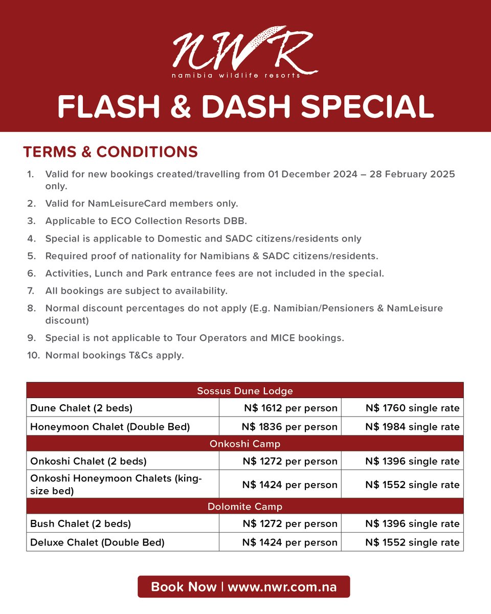 NWRNamibia's tweet photo. Escape to serenity with 60% OFF at Eco Collection Resorts! Dinner, Bed & Breakfast from 1 Dec 2024 to 28 Feb 2025. Book now and relax sustainably. #NWR #EcoGetaway #NamLeisure #FlashAndDash #SustainableStay #NamibiaAdventure https://t.co/1gfiL4Tfvh
