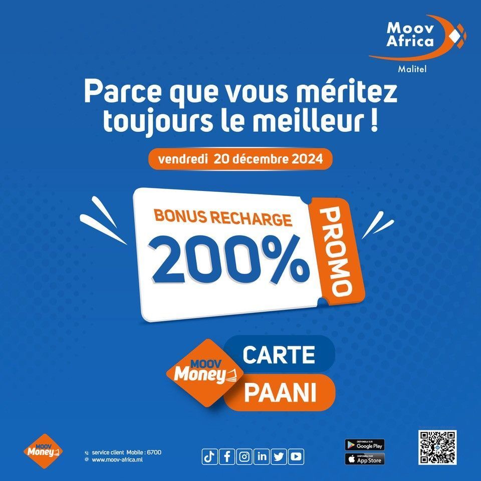 MoovAfrica_ml's tweet photo. 🎉 La fin d’année s’annonce généreuse !
Ce vendredi, rechargez avec la carte PAANI , Moov money et recevez 200% de bonus pour en profiter pleinement. 💰💙
#MoovAfricaMalitel #PromoBonus #Moovmoney #Mymoov https://t.co/LFJWwfPmH8