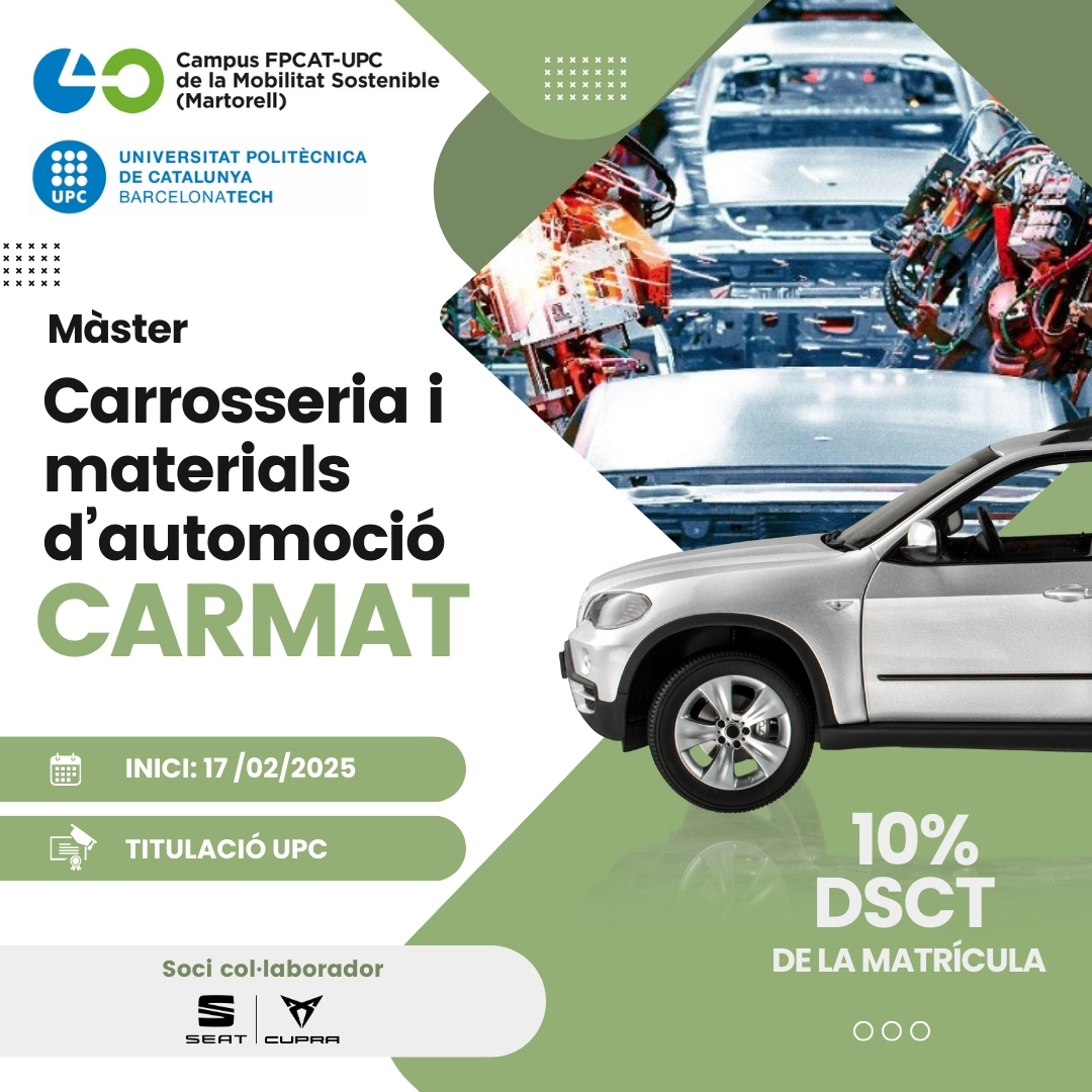 Campus FPCAT-UPC de la Mobilitat Sostenible (@cms_upc) on Twitter photo 🚀 FORMACIÓ I Si ets Enginyer Industrial o Químic o estàs llicenciat en Ciències i t’apassionen els cotxes, el màster #CARMAT és una opció de futur. Si vols saber-ne més, contacta amb nosaltres i beneficia't d'un 10% de descompte. #CMS_UPC <a href="/UPC_School/">UPC School</a>
💻 cms.upc.edu 🚀 FORMACIÓ I Si ets Enginyer Industrial o Químic o estàs llicenciat en Ciències i t’apassionen els cotxes, el màster #CARMAT és una opció de futur. Si vols saber-ne més, contacta amb nosaltres i beneficia't d'un 10% de descompte. #CMS_UPC <a href="/UPC_School/">UPC School</a>
💻 cms.upc.edu