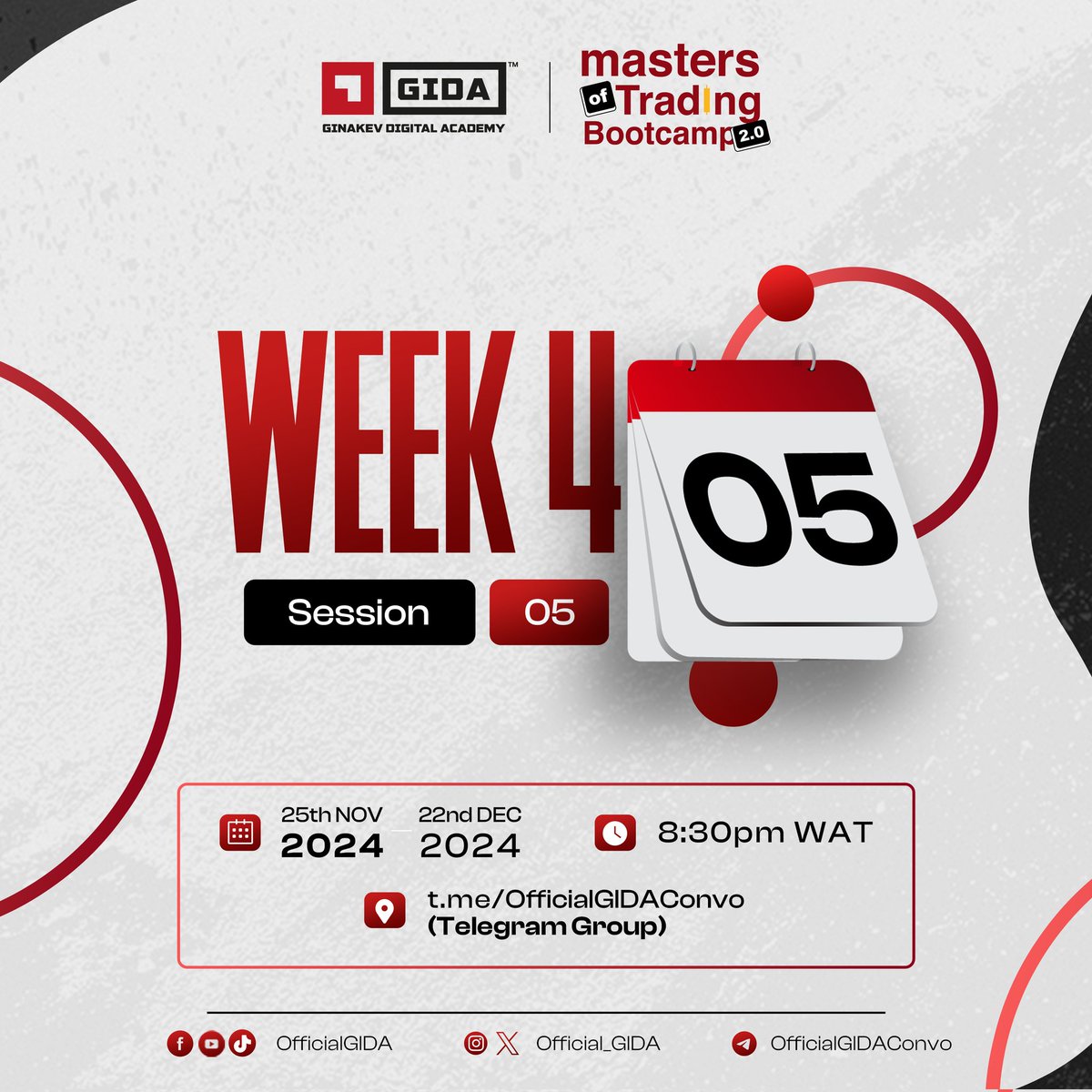 Official_GIDA's tweet photo. Week 4, session 4 of the #MOTBootcamp 2.0 wielded a great power as participants experienced the trade strategy of our technical analyst ๐๐น.
Missed the class? Catch up the replay here โก๏ธhttps://t.co/wV6cqgms09
Today is the final day of the week
Be there!
๐: 8:30 PM WAT
๐ก: https://t.co/rMiy4wqEV4
