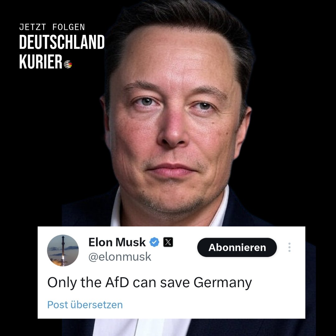 „Nur die AfD kann Deutschland retten“

Elon Musk wieder mit eindeutigen Worten. Wie die Presse darauf reagieren wird? 🍿