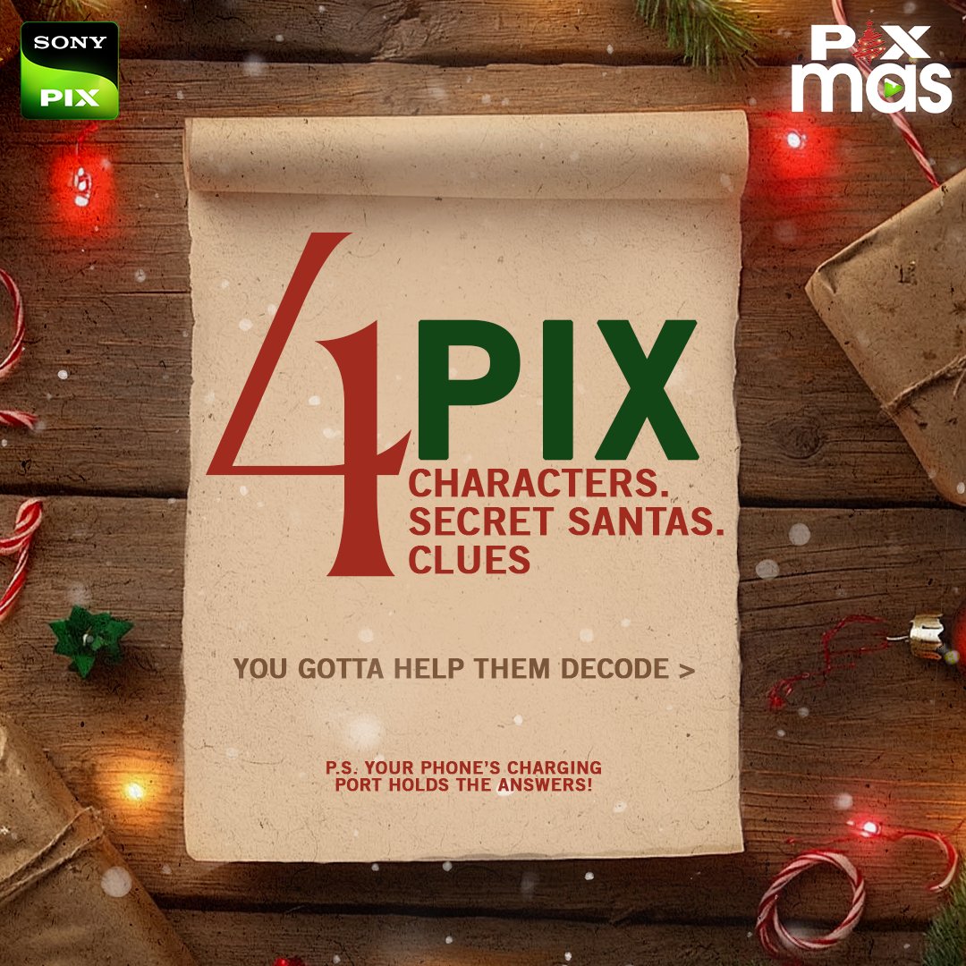 SonyPIX's tweet photo. Ready to sleuth, this #PIXmas? ๐
4 PIX characters have riddles to crack and Secret Santas to reveal. Letโs help them by peeking through charging ports!
#SonyPIX #StayAmazed #NewContest #SecretSanta https://t.co/Vamu34CXl9