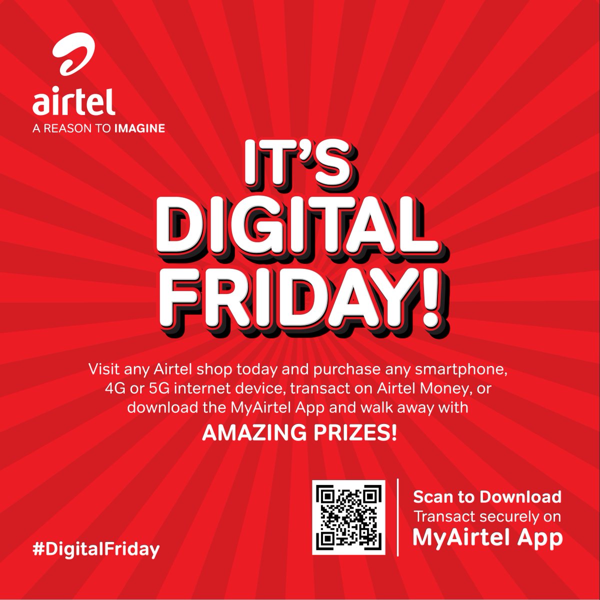 Airtel_Zambia's tweet photo. Itโs #DigitalFriday! Don't miss out on our special treats this festive season. Visit any of our shops today and get yourself some FREEBIES.โโ
Itโs easy, simply:โ
Purchase a smartphone or any 4G and 5G internet device.โ
Download the My Airtel App and transact.โ
Get your treat! https://t.co/u93wIZYm1d