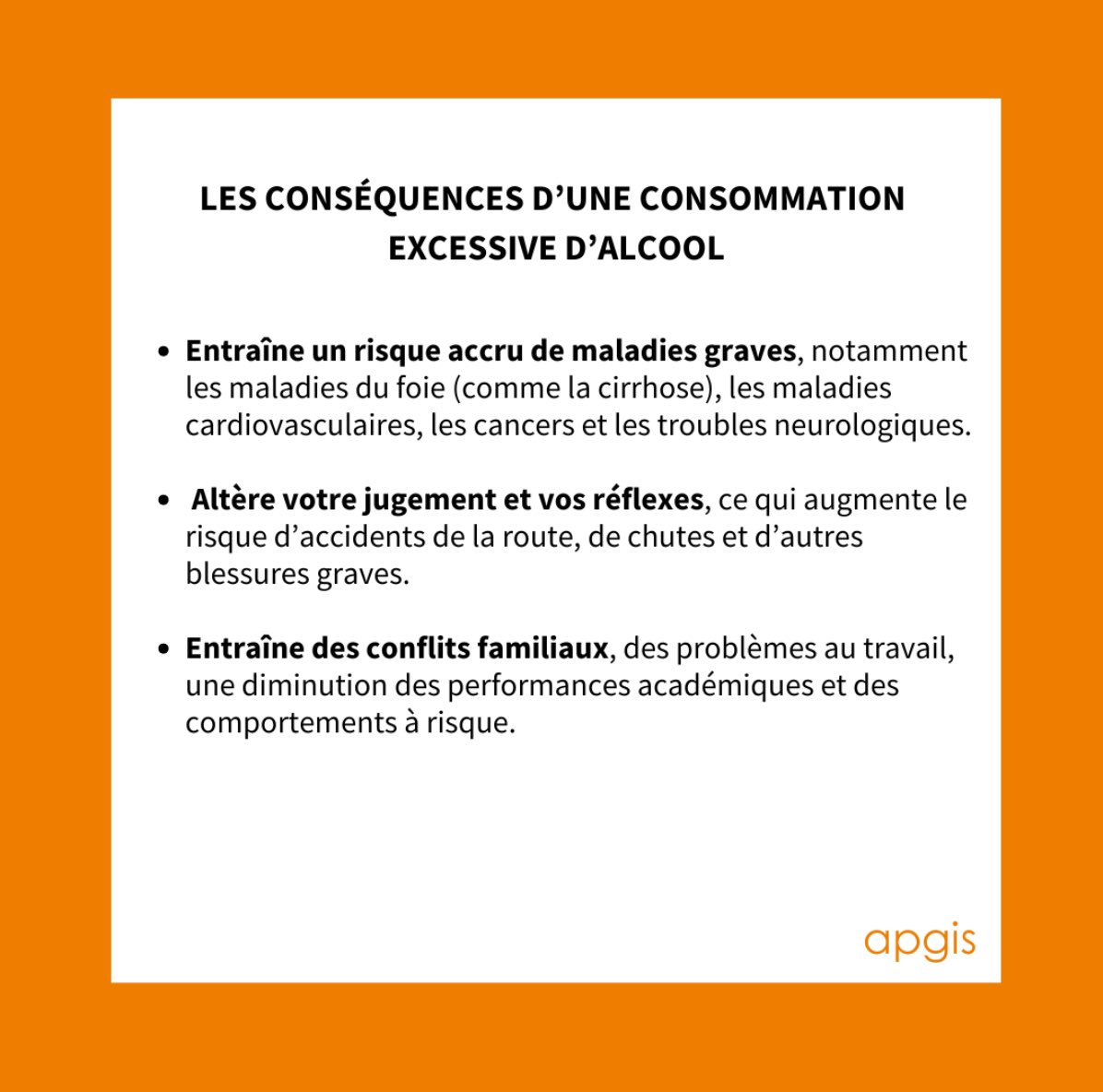 L’alcool est une drogue aux effets néfastes sur la santé. Besoin d’aide ? Des ressources sont là pour vous soutenir.

#Prévention #Alcoolisme #Apgis