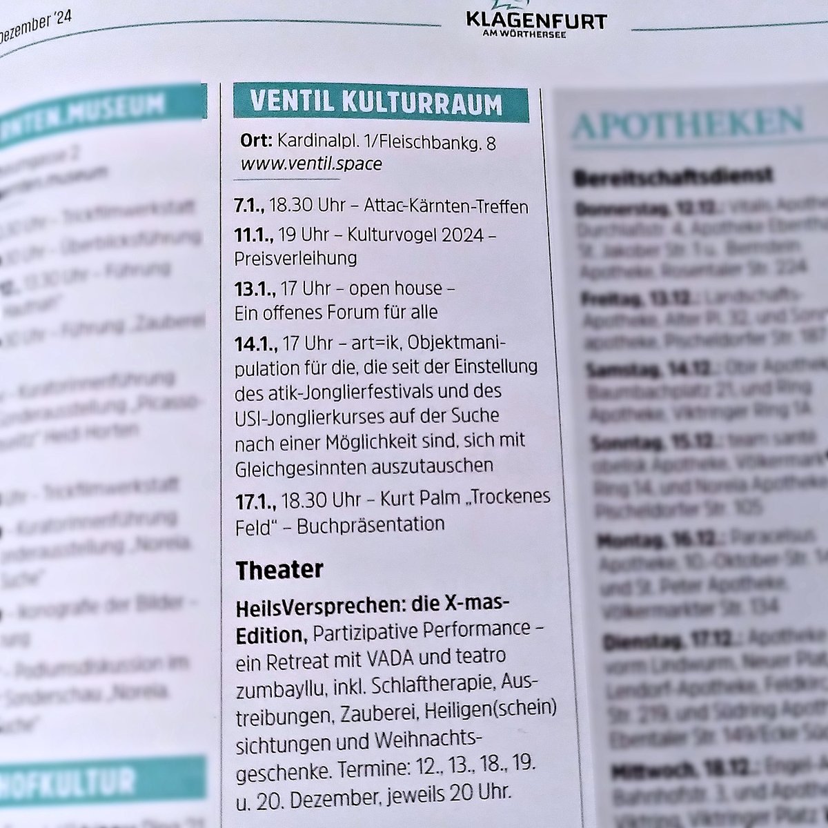 #VENTIL-Termine in der #KLAGENFURT Stadtzeitung!

⚠️ACHTUNG: Heute habt ihr die letzte Chance auf #Heilung bei der #Dernière der Heilsversprecher:innen von #VADA und Teatro #zumbayllu.

Alle Termine auf: ventil.space/termine

#kultur #klagenfurt #celovec #kärnten #koroška