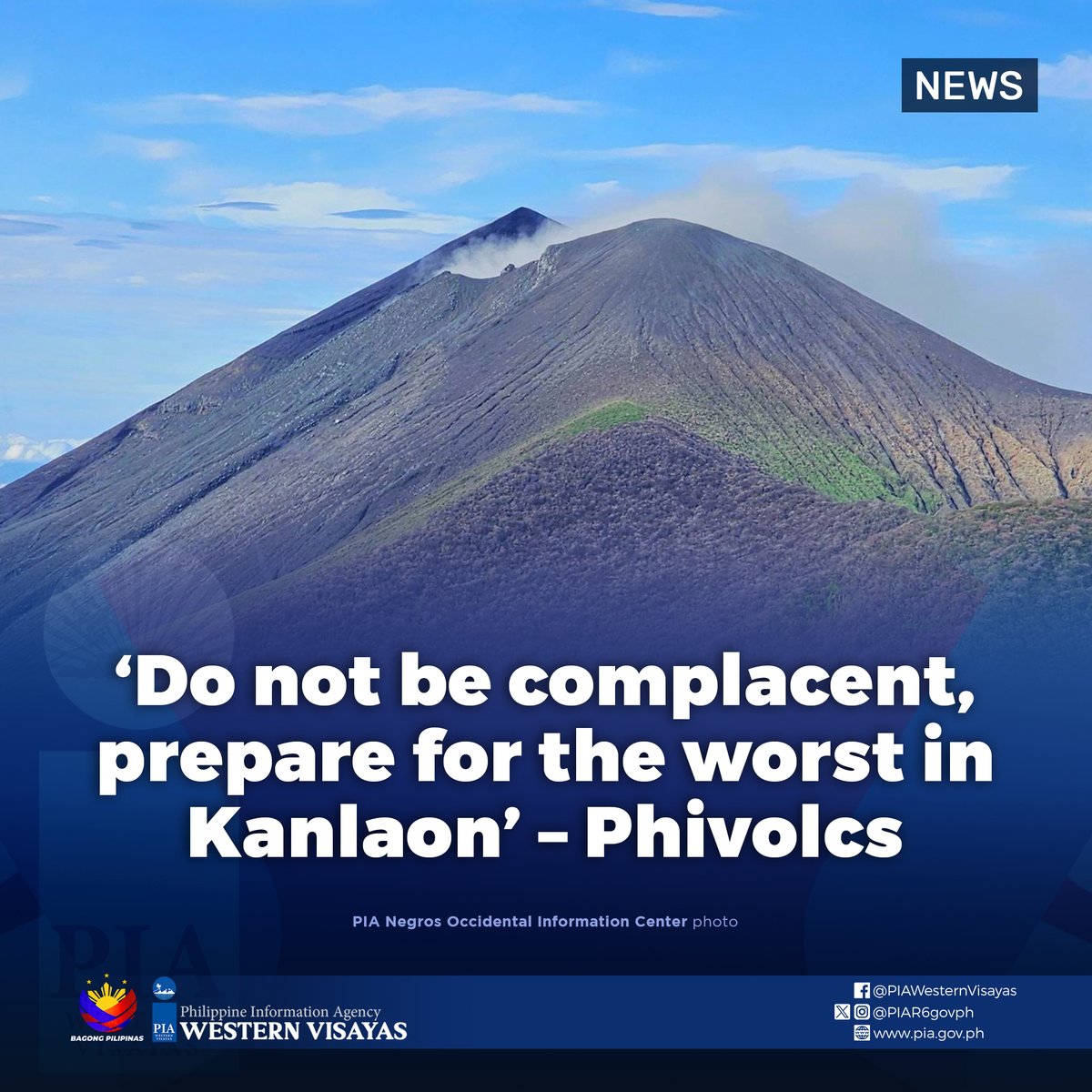 PIAR6govph's tweet photo. The Philippine Institute of Volcanology and Seismology (Phivolcs) urged all local government units (LGUs) around Mt. Kanlaon to never lower their guard and anticipate the worst.

READ: https://t.co/jKEdmE5huG

#KanlaonVolcano
#LagingHandaPH
#BagongPilipinas https://t.co/q4iCQ9ATtp