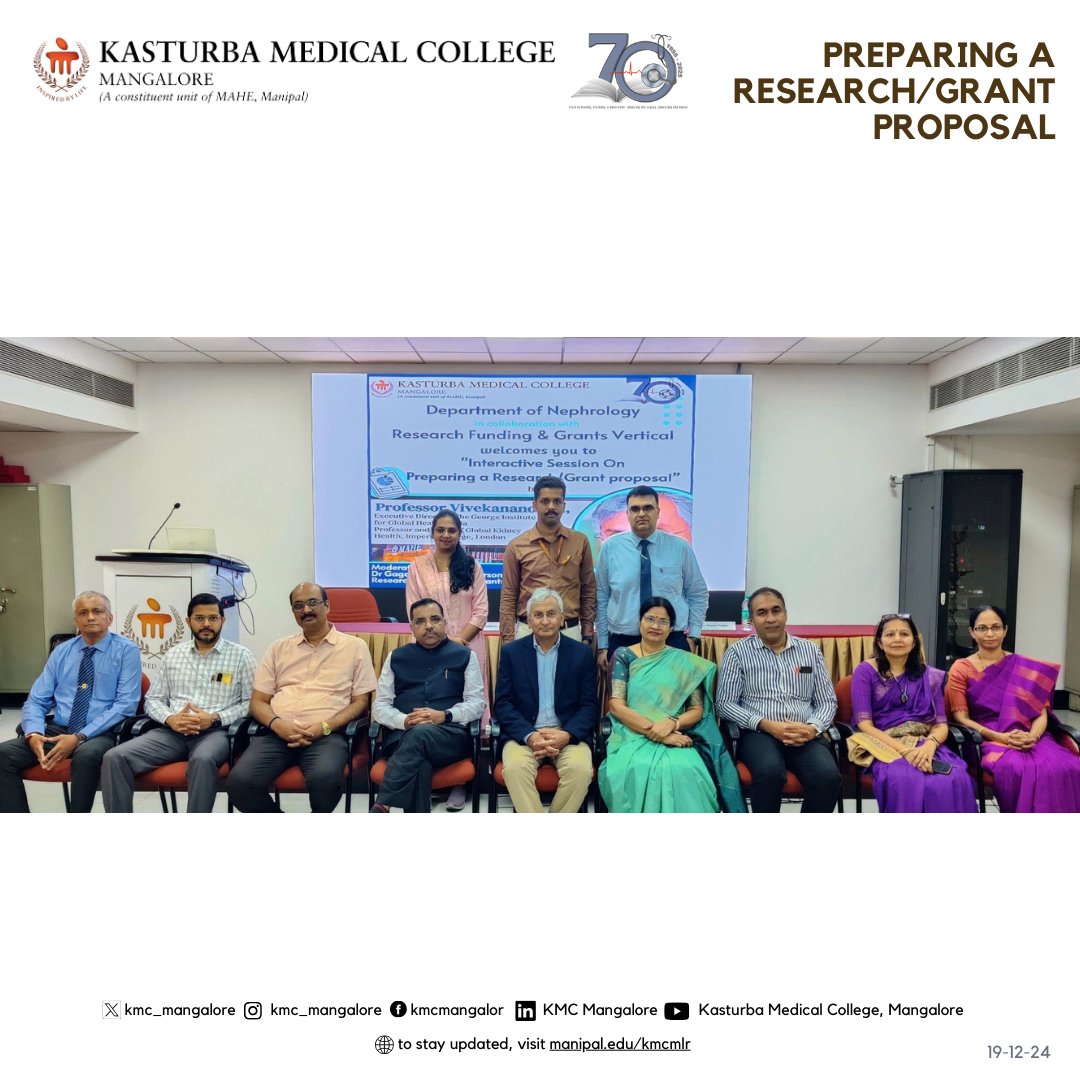 The Dept of Nephrology and Research Grants Verticals, #KMCMangalore, hosted an interactive session on "Preparing a Research/Grant Proposal" on 19th Dec 2024, led by Prof. Vivekanand Jha. The session emphasized a strong research culture. #ResearchExcellence