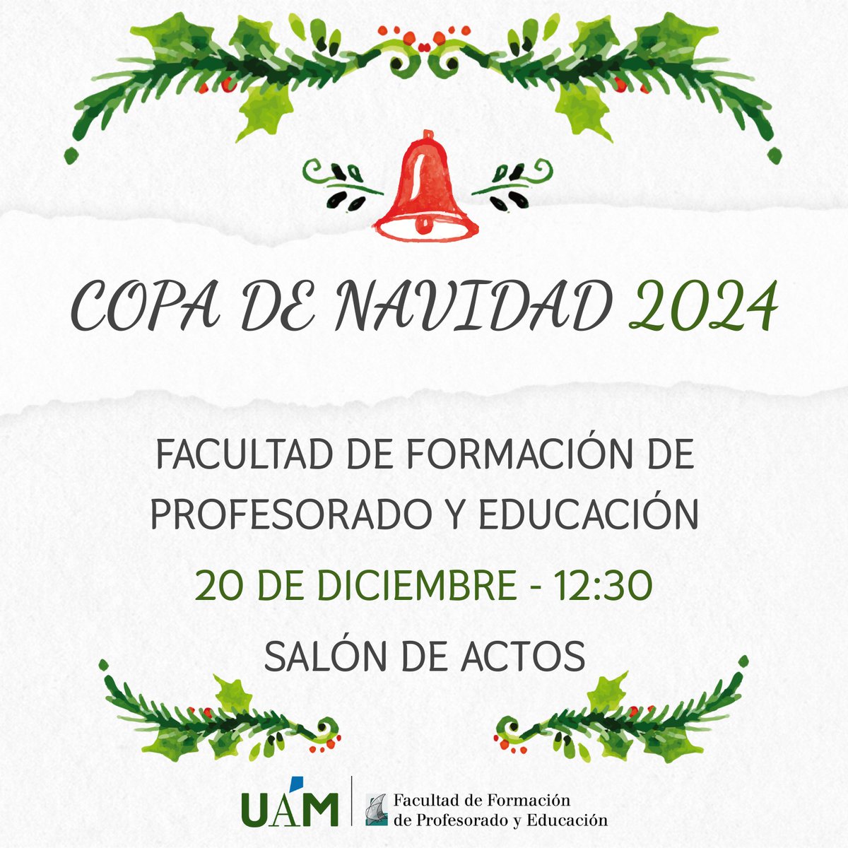 Desde la Facultad de Formación de Profesorado y Educación os deseamos unas felices fiestas y un fantástico inicio de 2025. 
Os invitamos a acompañarnos en la Copa de Navidad de nuestra facultad, que celebraremos hoy a las 12:30 en el salón de actos.
🎄✨🥂