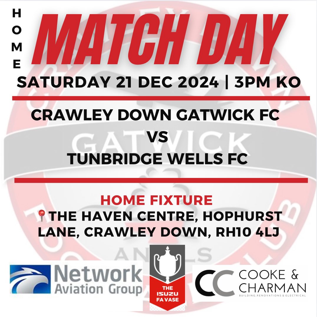 Crawley Down Gatwick (@officialcdgfc) on Twitter photo โฝ๏ธHere we go again! โฝ๏ธ Third time lucky! Our big game vโs <a href="/Tun_Wells_FC/">Tunbridge Wells FC</a> in the FAVase ๐ Now a home fixture! Come and support the last <a href="/TheSCFL/">Premier Sports The SCFL</a> and only <a href="/SussexCountyFA/">Sussex County FA โฝ๏ธ</a> team in the competition.
<a href="/favasefactfile/">FA Vase Factfile</a> <a href="/FAVaseHQ/">FA Vase HQ</a> โฝ๏ธHere we go again! โฝ๏ธ Third time lucky! Our big game vโs <a href="/Tun_Wells_FC/">Tunbridge Wells FC</a> in the FAVase ๐ Now a home fixture! Come and support the last <a href="/TheSCFL/">Premier Sports The SCFL</a> and only <a href="/SussexCountyFA/">Sussex County FA โฝ๏ธ</a> team in the competition.
<a href="/favasefactfile/">FA Vase Factfile</a> <a href="/FAVaseHQ/">FA Vase HQ</a>
