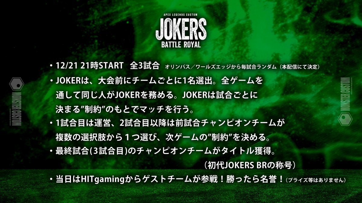 monstercustom_'s tweet photo. 【🃏選手発表🃏】

12/21 開催
MONSTER CUSTOM
JOKERS BATTLE ROYAL

参加選手とチームの発表です！

赤枠の選手は当日”制約”を与えられるジョーカー…。
果たしてJOKERS BR優勝の称号を
手に入れるのはどのチームか！

#JOKERSBR https://t.co/8kzdHVrB60