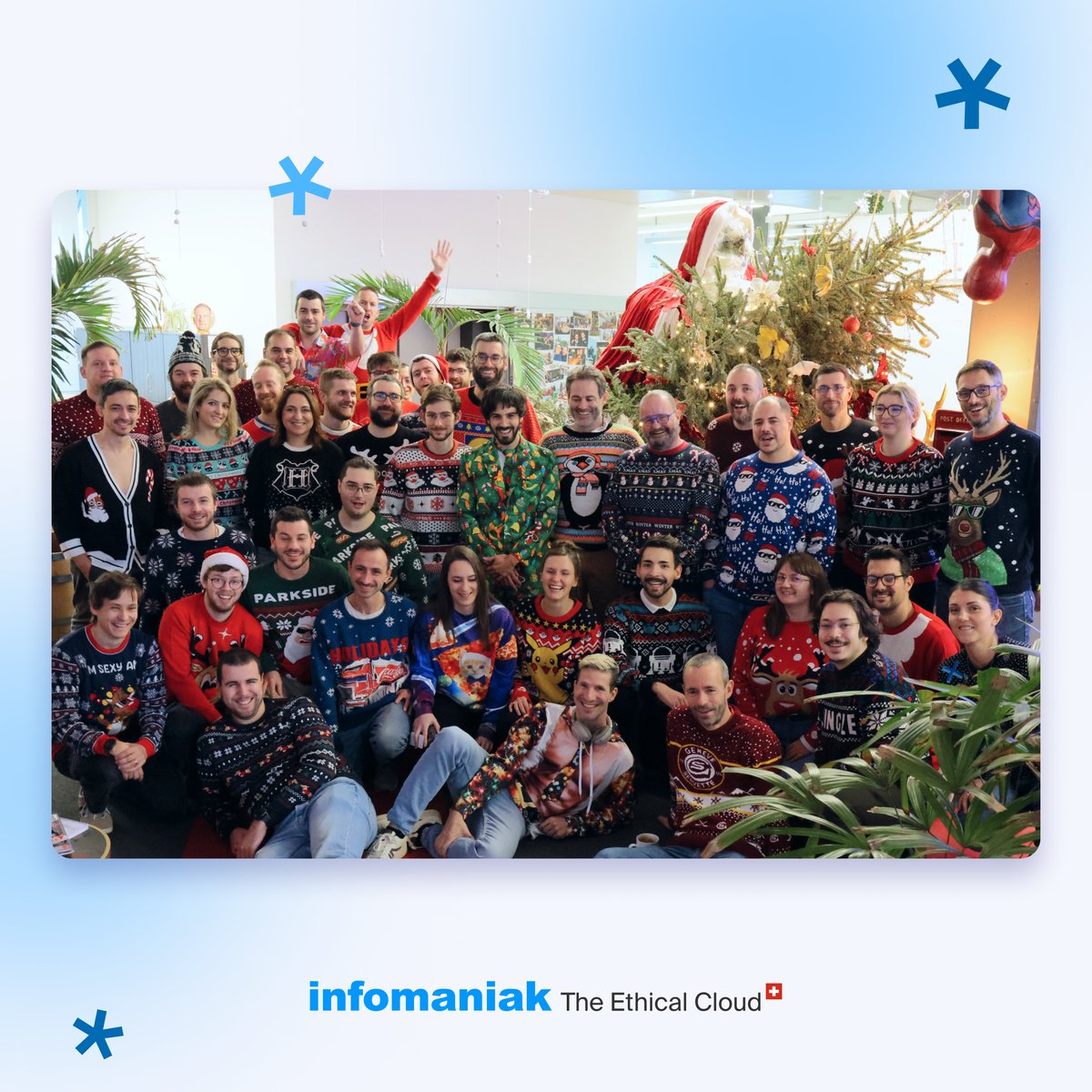 infomaniak's tweet photo. Travailler dans la bonne humeur, c'est l'un des crédos d'Infomaniak. Pour célébrer la journée internationale du pull de Noël, notre équipe a sorti ses plus beaux habits de lumière 🎄✨ !

Et vous, votre équipe a-t-elle aussi adopté le pull de Noël cette année ? 🎅 https://t.co/p4o3E2Bmdg