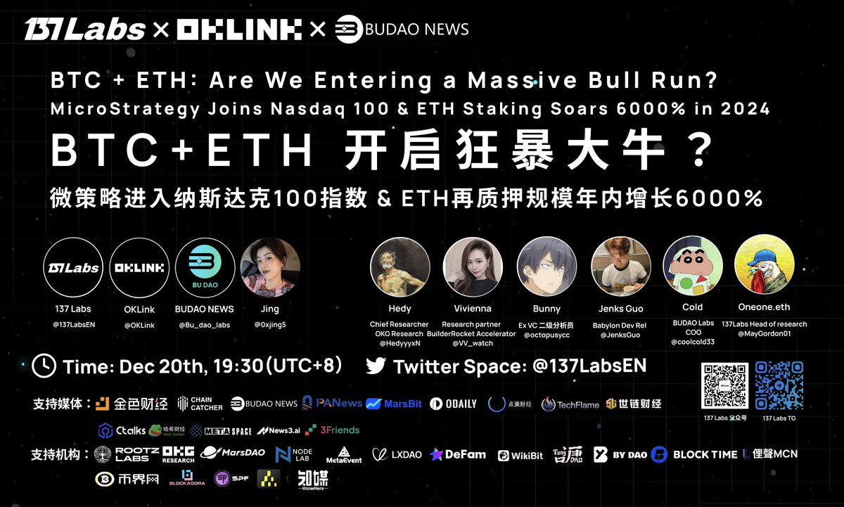 137Labs (@137labscn) on Twitter photo 💥 比特币与以太坊,你更看好哪个? 💥
微策略成功进入纳斯达克100,并推动比特币创新高,#ETH 再质押规模年内增长60倍,这些意味着什么?#BTC 和 ETH 的投资逻辑对比,谁能引领下一轮市场爆发?锁定今晚19:30(UTC+8) #137Labs #OKLink #BUDAO X Space 一起解锁行业未来趋势!
🎙️Host
<a href="/137LabsEN/">137Labs Global</a> 💥 比特币与以太坊,你更看好哪个? 💥
微策略成功进入纳斯达克100,并推动比特币创新高,#ETH 再质押规模年内增长60倍,这些意味着什么?#BTC 和 ETH 的投资逻辑对比,谁能引领下一轮市场爆发?锁定今晚19:30(UTC+8) #137Labs #OKLink #BUDAO X Space 一起解锁行业未来趋势!
🎙️Host
<a href="/137LabsEN/">137Labs Global</a>