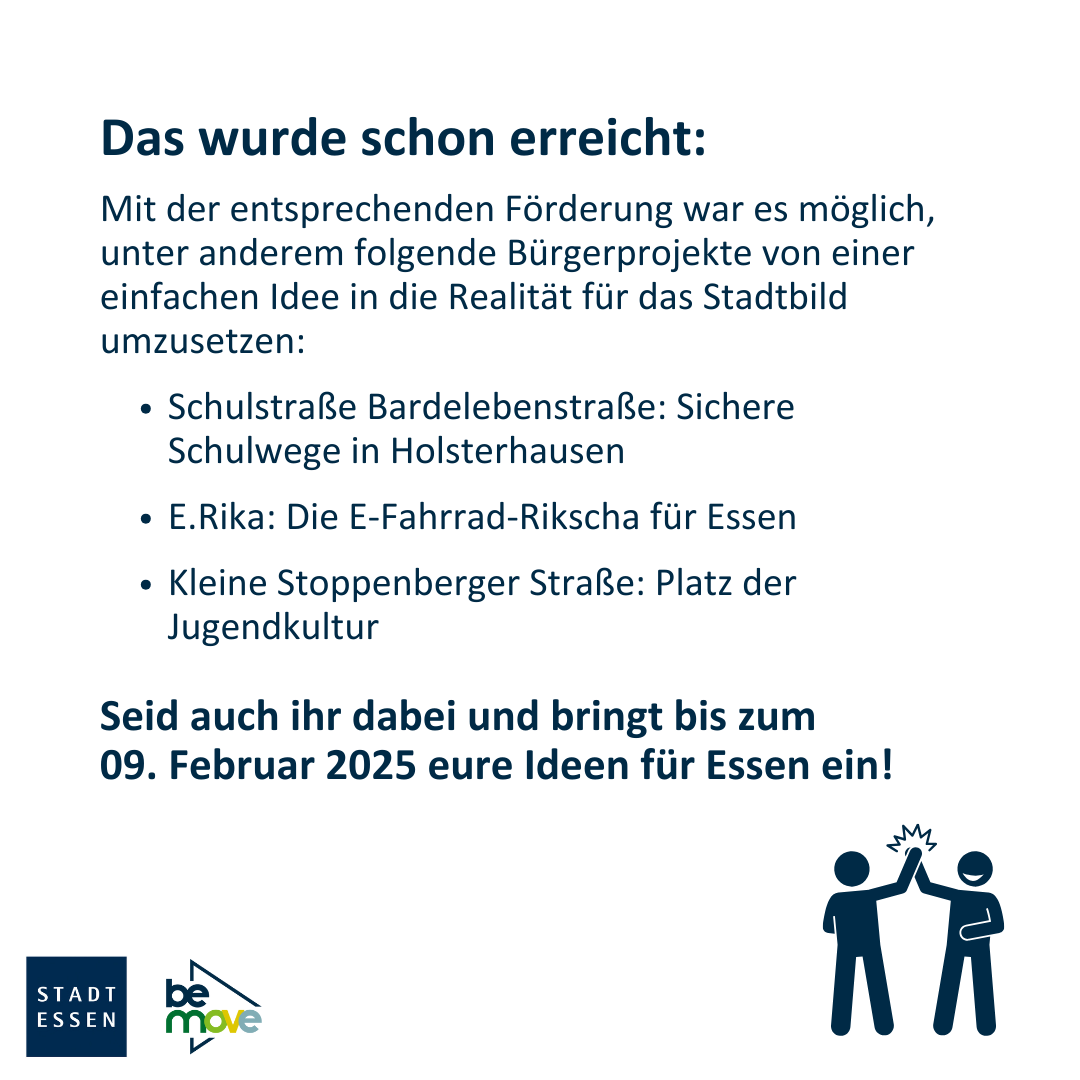 Essen_Ruhr's tweet photo. Gute Ideen fördern lassen: „Be-MoVe“ ist auf der Suche nach tollen Bürgerprojekten, die das Leben im Nordviertel und in Altenessen-Süd verbessern. Hier kommt ihr zu den Infos: https://t.co/bU0zA857To
📸© Elke Brochhagen, Stadt Essen
#BeMoVe https://t.co/woRKCCt3Qr