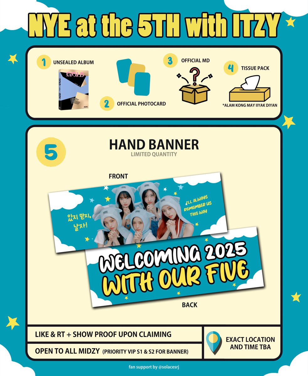 solacesrj's tweet photo. ITZY Back in Manila for NYE!

As a support for #NYEatthe5th🎆 I’ll be giving away some banners and official merch on December 31 @ BGC!

Please check photo for details! See you, MIDZYs!🫶🏻 https://t.co/RNg2zcRwSu