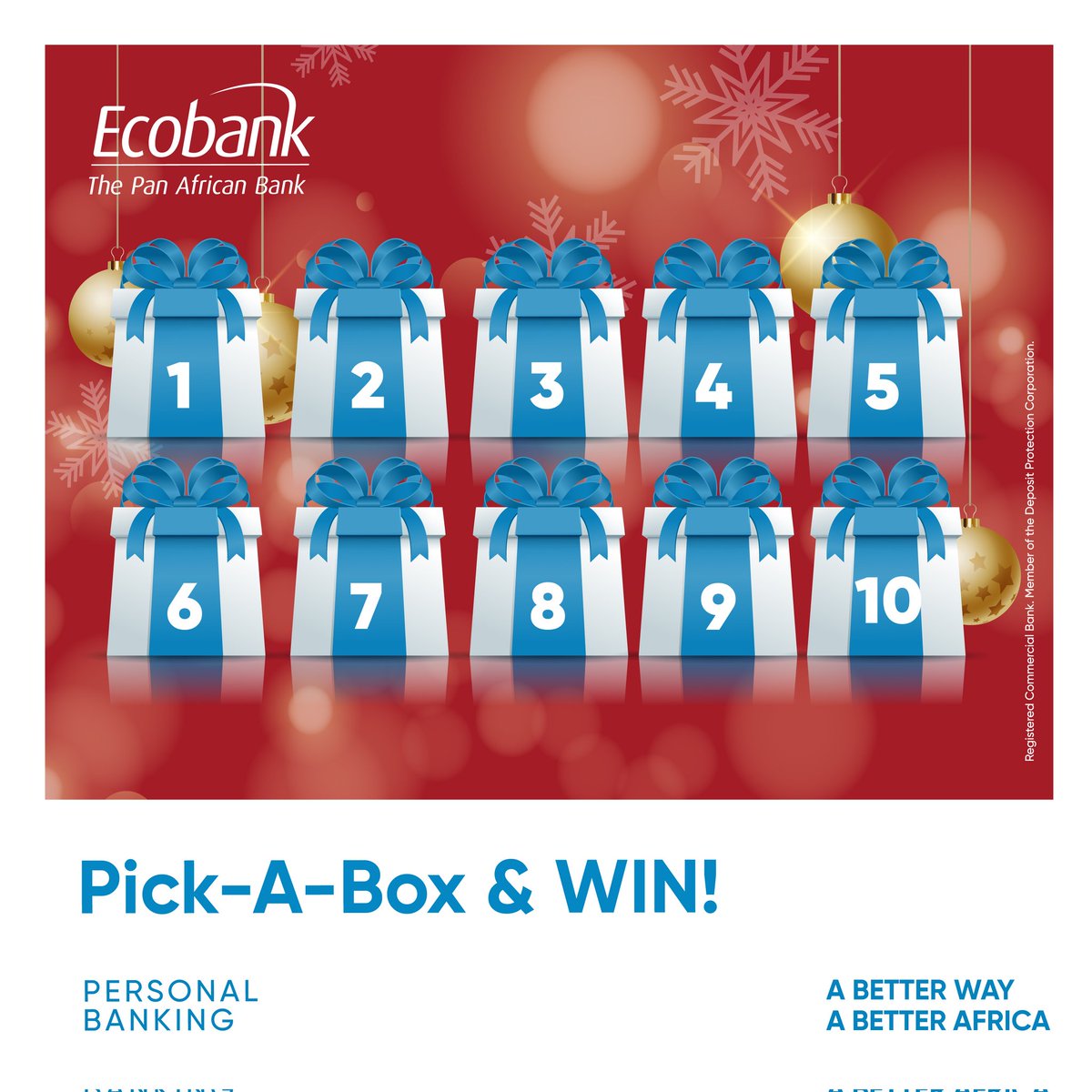 EcobankZW's tweet photo. Christmas Box!
Only 4 of the 10 boxes hold a prize. Can you guess and choose a box with a reward?
How To Enter
1. Follow Ecobank Zimbabwe Limited on Twitter
2. Comment PICK + Box Number, eg. Pick Box 5
3. Tag 2 friends and use the hashtag #BackToSpenda and #EcobankRewards.
Make sure you follow all the steps to make sure your entry is valid!
Good luck!
