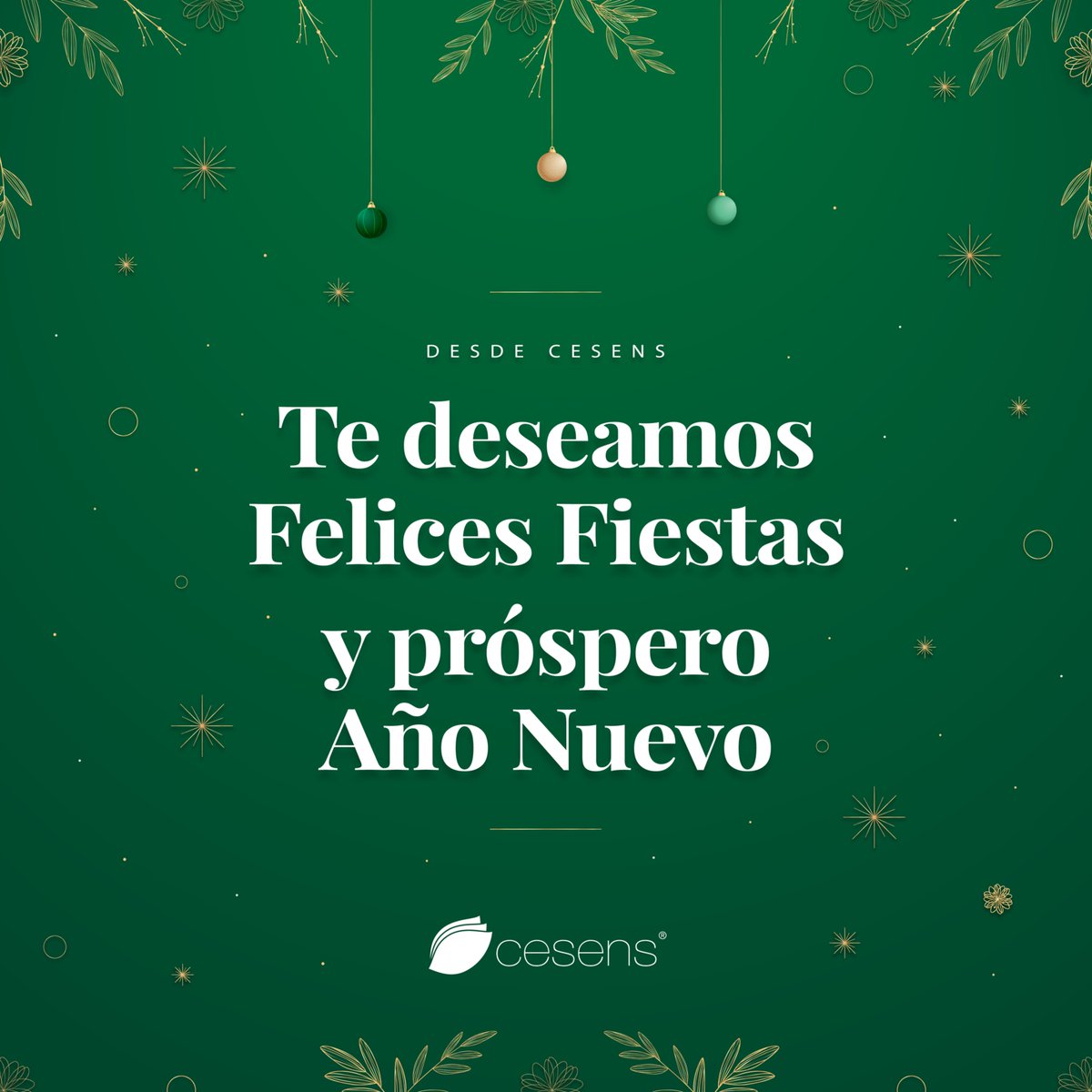 Desde Cesens, queremos agradecer vuestra confianza y apoyo durante este año.

Os deseamos unas felices fiestas y un próspero año nuevo lleno de éxitos, felicidad y grandes momentos.

Que el 2025 venga cargado de nuevas oportunidades para todos.

¡FELICES FIESTAS!