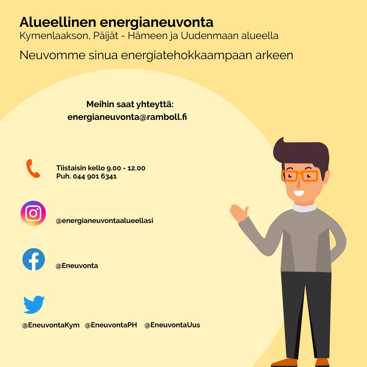 Energistä uutta vuotta 2025! 🎆❤️

Energianeuvontamme on taas avoinna. Meihin saa yhteyttä sähköpostilla energianeuvonta@ramboll.fi, soittamalla tiistaisin numeroon 044 901 6341 kello 9.00 – 12.00 tai sosiaalisessa mediassa. ⚡

#energianuevonta #energia