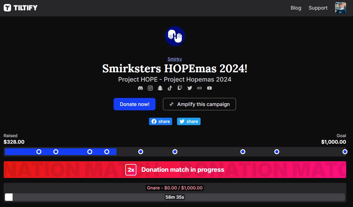 WE JUST GOT A 1-HOUR $1,000 DONATION MATCHING CHALLENGE ON TILTIFY FOR PROJECT HOPE!!! 🚨

GET IN HERE RIGHT NOW AND DONATE!!
tiltify.com/@smirky/smirks…