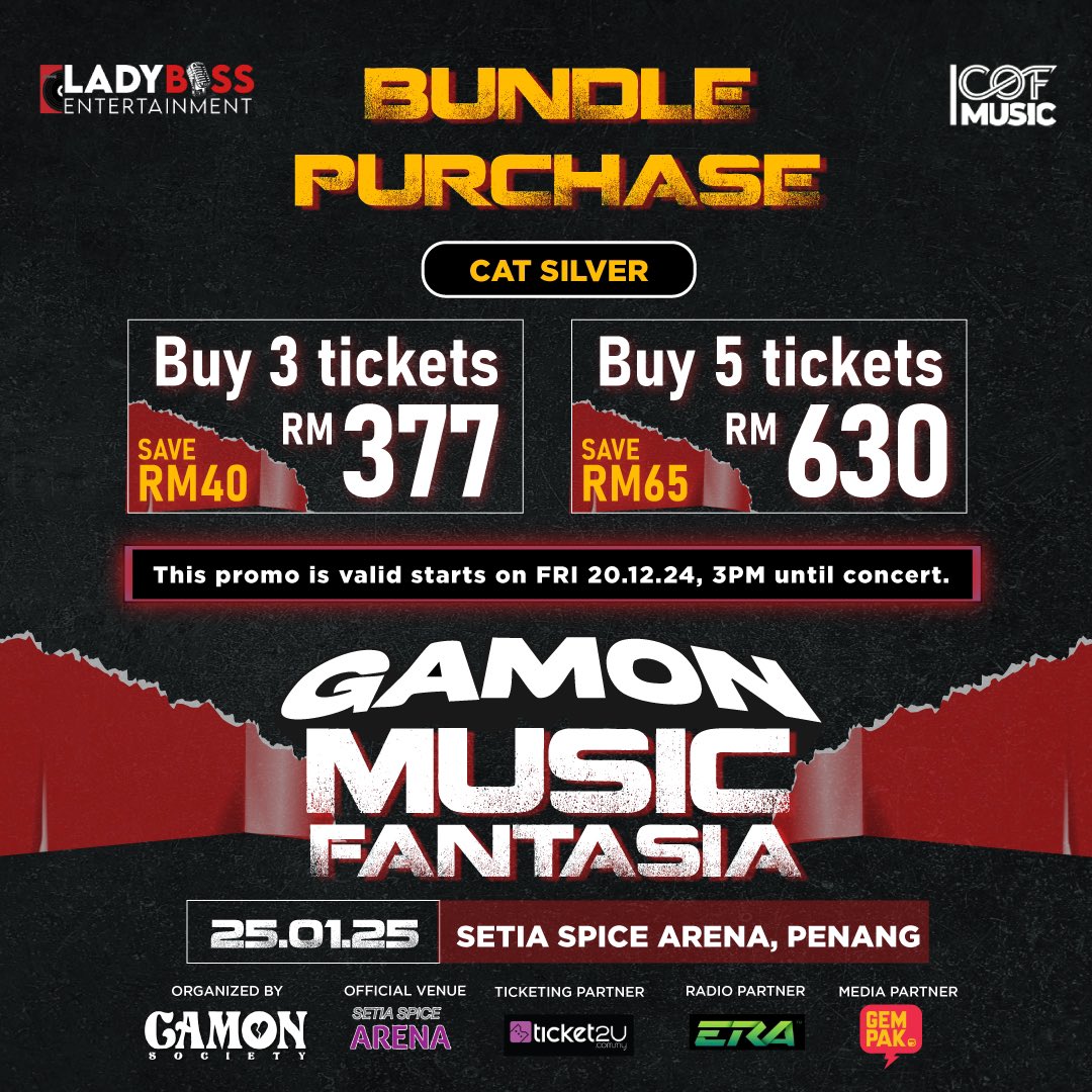 GamonSociety's tweet photo. SURPRISE GAMONGERS 💥

Inilah masanya korang ajak 
kawan -kawan kaki concert korang tu beli ticket GMF sama-sama , untuk dapatkan harga bundle yang berbaloi ni

Tiket Gamon Music Fantasia boleh dapatkan di website :

🎟️https://t.co/1goWKdGobO https://t.co/YLY6NCbeod