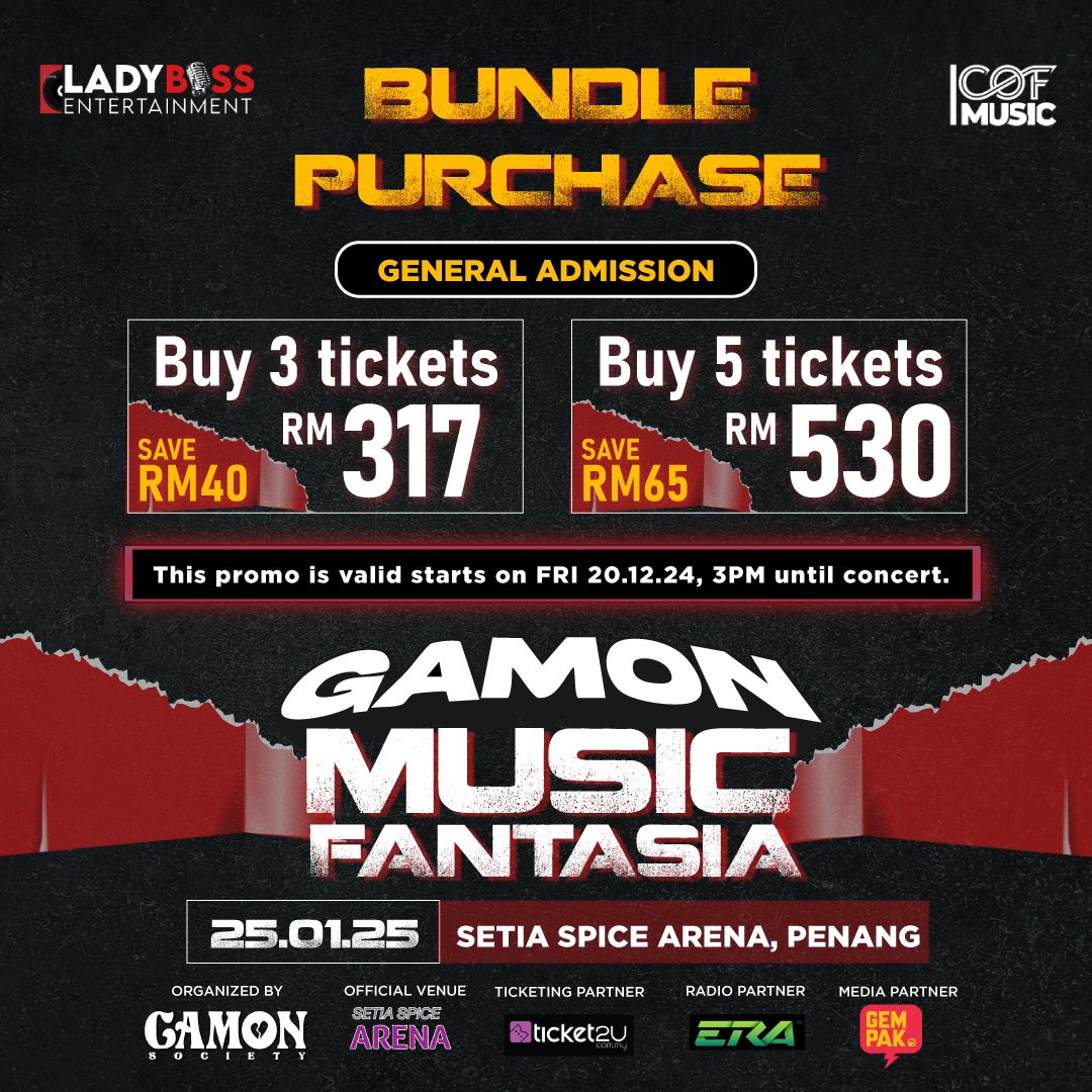 GamonSociety's tweet photo. SURPRISE GAMONGERS 💥

Inilah masanya korang ajak 
kawan -kawan kaki concert korang tu beli ticket GMF sama-sama , untuk dapatkan harga bundle yang berbaloi ni

Tiket Gamon Music Fantasia boleh dapatkan di website :

🎟️https://t.co/1goWKdGobO https://t.co/YLY6NCbeod