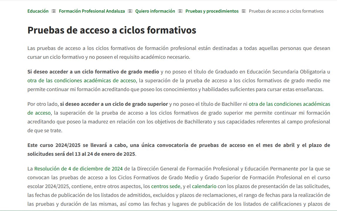 FPAndaluza's tweet photo. 📍#FPA Publicada  la convocatoria de las pruebas de acceso a los Ciclos Formativos de  Grado Medio y Grado Superior de Formación Profesional para el curso  escolar 2024/2025 @EducaAnd 
🔎https://t.co/IvFbEqMs3j https://t.co/8MELxoAgxw
