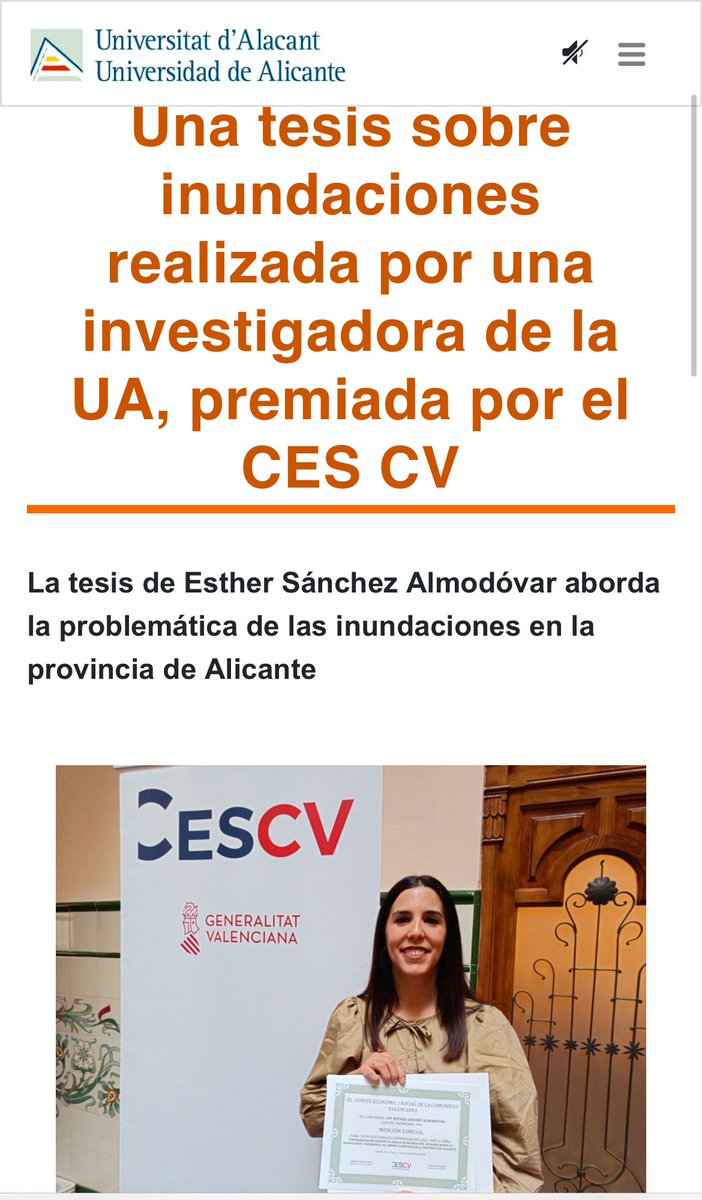 La tesis de Esther Sanchez Almodovar titulada “Experiencia de gestión del riesgo de inundación. Acciones desde la adaptación y resiliencia al cambio climático en la provincia de Alicante” ha sido premiada por el Consejo Económico y Social de la Comunitat Valenciana
 #geografiaua