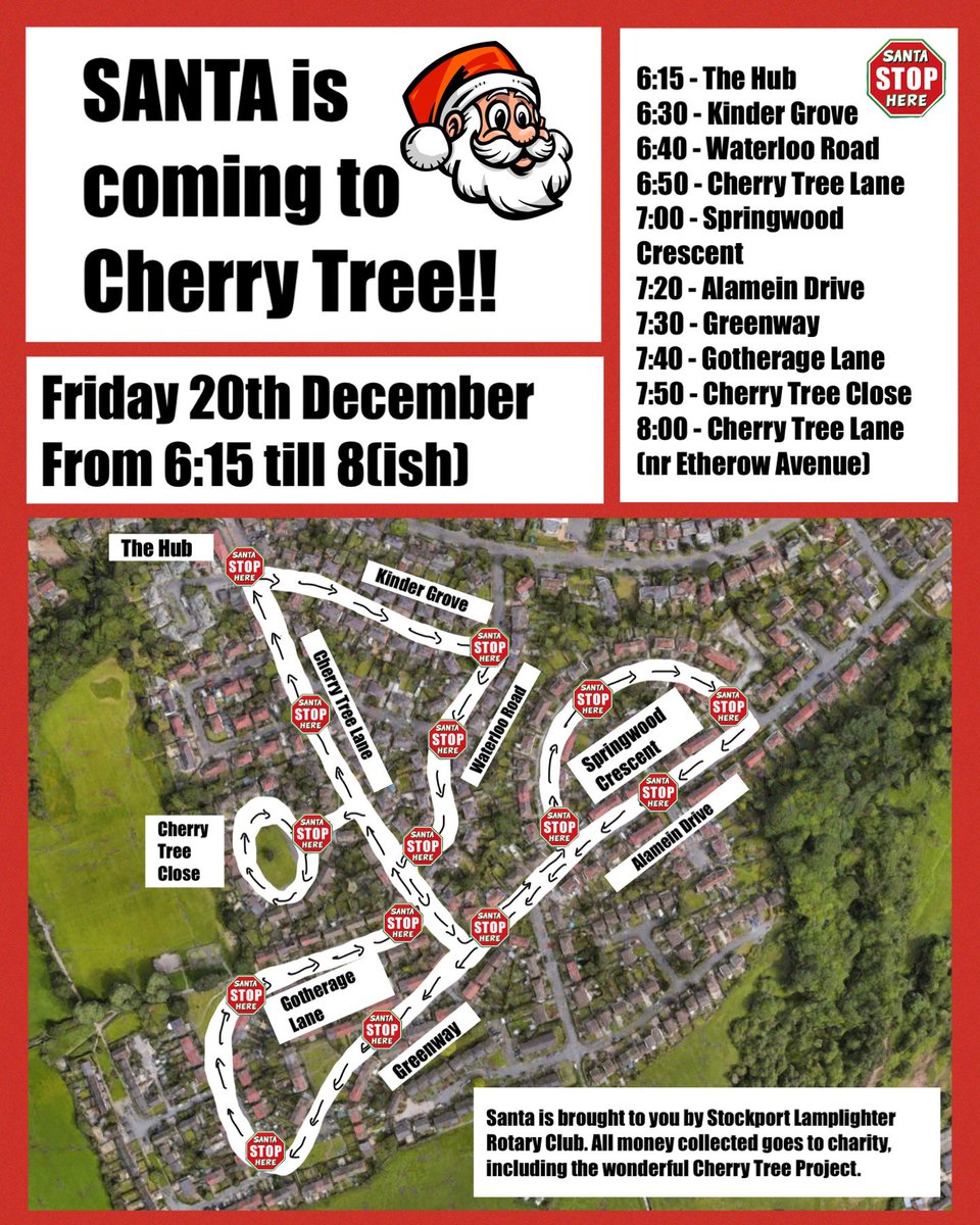 *Important community update* Santa is coming to town!! He will be on Cherry Tree tonight from 6:15-8pm and at every other house on the 25th between midnight and 3am 🤶