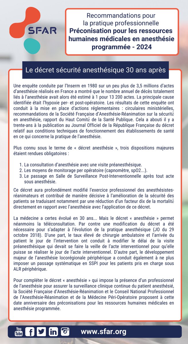 SFAR Anesthésie Réanimation (@sfar_org) on Twitter photo 🚨 RPP préconisations pour les ressources humaines médicales en anesthésie programmée
📃 Publication d’un référentiel à l’occasion des 30 ans du décret « anesthésie » ➡️ sfar.org/preconisations…
<a href="/SFARJeunes/">SFAR Jeunes</a> <a href="/SNJeunesAR/">Syndicat National des Jeunes Anesth-Réa</a> <a href="/AJARFrance/">AJAR France 🇫🇷</a> <a href="/cnp_armpo/">CNP Anesthésie-Réanimation & Médecine Péri-Op</a> <a href="/jeunesMIR/">ANJMIR</a> <a href="/SNPHARE/">SNPHARE</a> <a href="/SyndicatSnarf/">SNARF</a> 🚨 RPP préconisations pour les ressources humaines médicales en anesthésie programmée
📃 Publication d’un référentiel à l’occasion des 30 ans du décret « anesthésie » ➡️ sfar.org/preconisations…
<a href="/SFARJeunes/">SFAR Jeunes</a> <a href="/SNJeunesAR/">Syndicat National des Jeunes Anesth-Réa</a> <a href="/AJARFrance/">AJAR France 🇫🇷</a> <a href="/cnp_armpo/">CNP Anesthésie-Réanimation & Médecine Péri-Op</a> <a href="/jeunesMIR/">ANJMIR</a> <a href="/SNPHARE/">SNPHARE</a> <a href="/SyndicatSnarf/">SNARF</a>