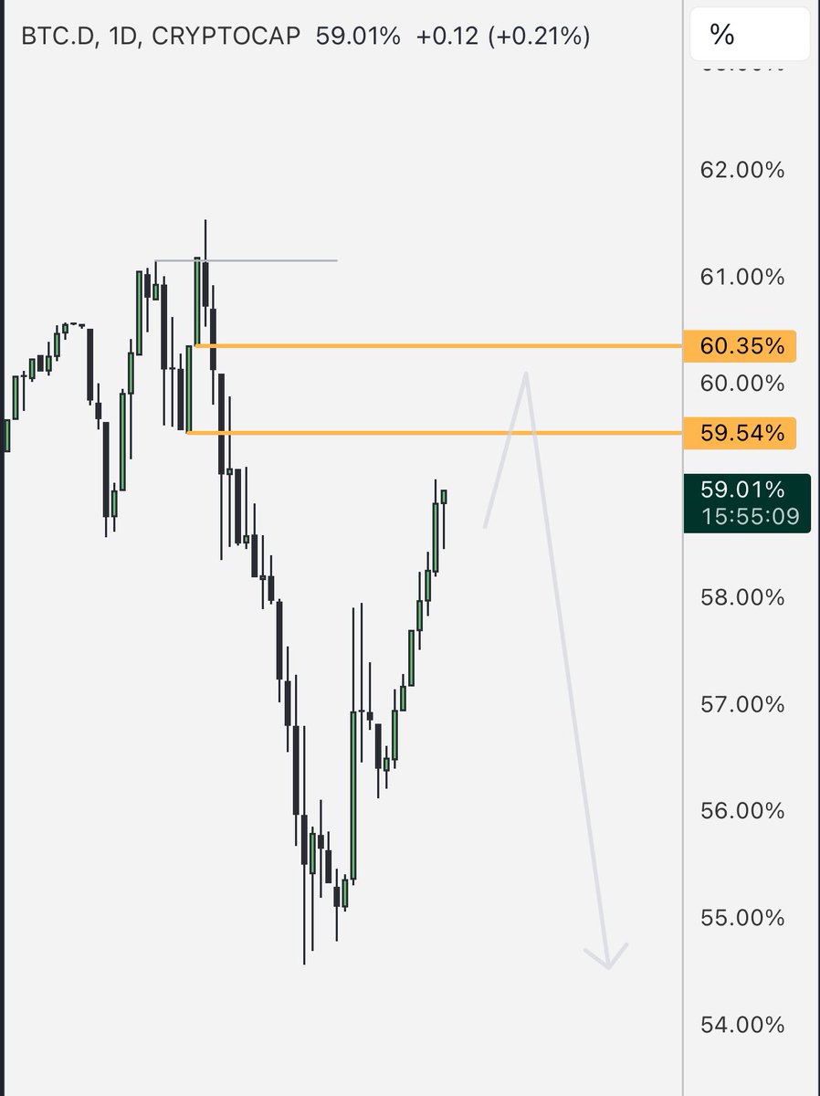 BudhilVyas's tweet image. This is where I'm planning my final altcoin entries

59.54% - Critical rejection zone
60.33% - Maximum pain point

If BTC.D doesn't reverse here, altseason gets delayed

Plan your entries accordingly