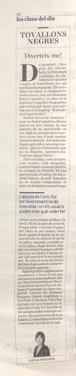Gemma, ex-professora de filosofia a instituts (@gemmasecundaria) on Twitter photo "Els mestres són els nous bufons. La seva feina és divertir i entretenir els reis de la casa".
L'Ara 29/12/24
<a href="/emparmoliner/">Empar Moliner</a> <a href="/diariARA/">diariARA</a> <a href="/educaciocat/">Educació</a> <a href="/DiariEducacio/">Diari de l'Educació</a>
 "Els mestres són els nous bufons. La seva feina és divertir i entretenir els reis de la casa".
L'Ara 29/12/24
<a href="/emparmoliner/">Empar Moliner</a> <a href="/diariARA/">diariARA</a> <a href="/educaciocat/">Educació</a> <a href="/DiariEducacio/">Diari de l'Educació</a>

