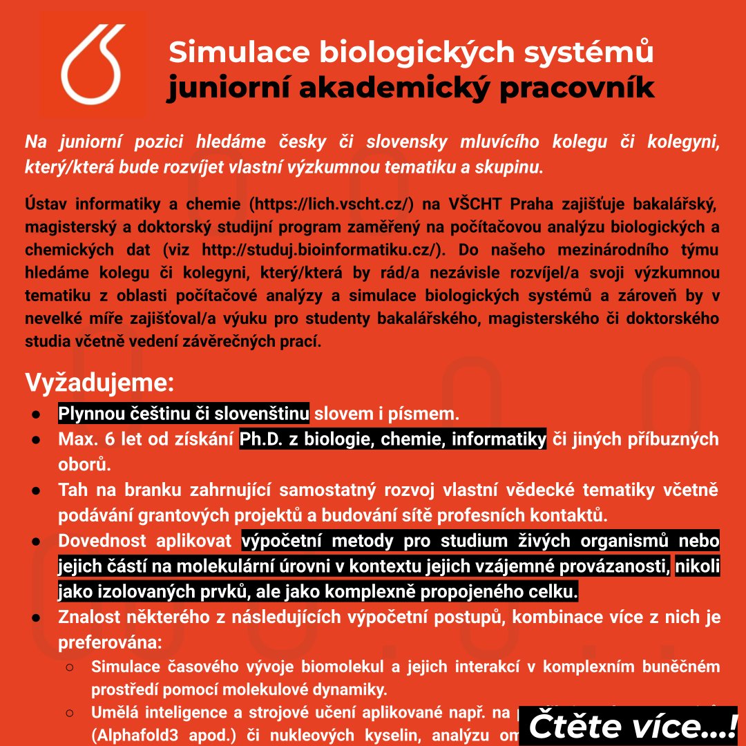 researchjobs_cz's tweet image. Výběrové řízení @VSCHT: Simulace biologických systémů – juniorní akademický pracovník
Více na: researchjobs.cz/sckOb
#biologie #chemie #bioinformatika #biomolekuly #AI #ML #Alphafold3 #proteomika #genomika #transkriptomika #proteomika #metabolomika