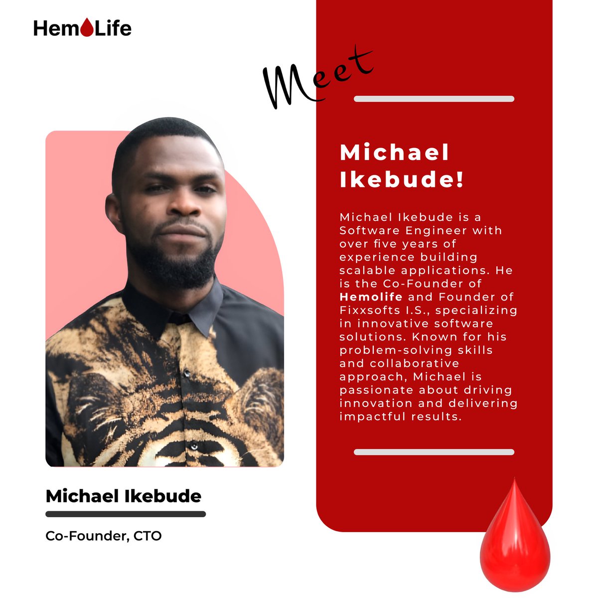 Meet Michael, Our Co-Founder

Michael Ikebude is the Co-Founder and Chief Technical Officer(CTO) at Hemolife. He is the Founder of Fixxsofts I.S. and a Software Engineer with over five years of experience building scalable applications.