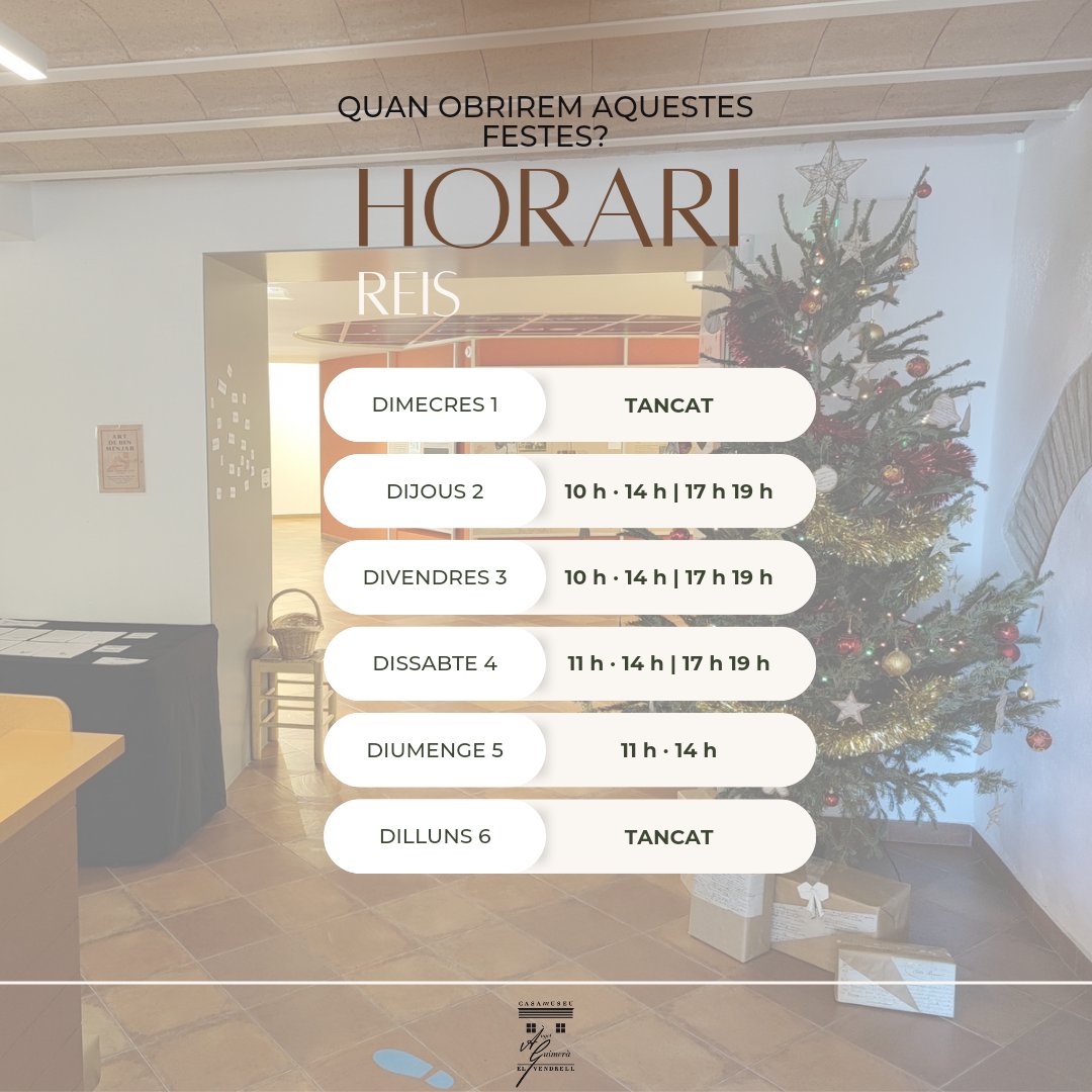 ℍ𝕆ℝ𝔸ℝ𝕀𝕊 𝔻𝔼 𝕃𝔼𝕊 𝔽𝔼𝕊𝕋𝔼𝕊 🎄

Aquestes festes veniu a celebrar el Nadal a la casa pairal d'Àngel Guimerà!

Consulteu els horaris d'obertura ☝️

#AnyGuimerà #EstimemLaCultura #elV