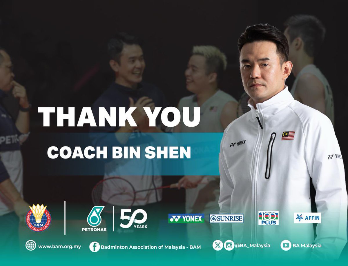 THANK YOU, COACH BIN SHEN ❤️

The Badminton Association of Malaysia (BAM) announces that national coach Tan Bin Shen will be departing the Association on January 13.

The Association expresses its deepest gratitude to Bin Shen for his dedication and contributions to Malaysian