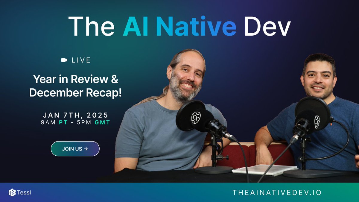 tessl_io's tweet image. 🎉 From AI-driven coding to DevOps breakthroughs, 2024 was huge for #AINativeDev! Don’t miss @guypod &amp;amp; @sjmaple live as they review the top moments of the year AND December’s highlights. Join us: tessl.co/49qTqeo