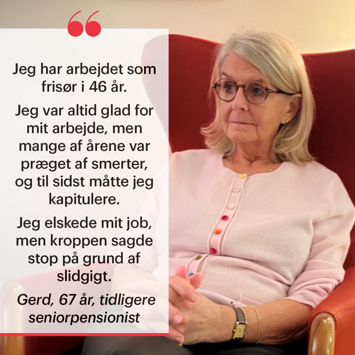 Mette Bryde Lind (@brydelind) on Twitter photo De medlemmer, vi taler med i vores rådgivning, ønsker at fortsætte deres #arbejde længst muligt - som Gerd her 👇
Men når sygdom og nedslidning tager over og fylder mere og mere, bliver seniorpensionen et afgørende sikkerhedsnet
<a href="/stojberg/">Inger Støjberg</a> <a href="/khoenge/">Karsten Hønge</a> <a href="/AneHalsboe/">Ane Halsboe</a> <a href="/larsloekke/">Lars Løkke Rasmussen</a> #gigt De medlemmer, vi taler med i vores rådgivning, ønsker at fortsætte deres #arbejde længst muligt - som Gerd her 👇
Men når sygdom og nedslidning tager over og fylder mere og mere, bliver seniorpensionen et afgørende sikkerhedsnet
<a href="/stojberg/">Inger Støjberg</a> <a href="/khoenge/">Karsten Hønge</a> <a href="/AneHalsboe/">Ane Halsboe</a> <a href="/larsloekke/">Lars Løkke Rasmussen</a> #gigt