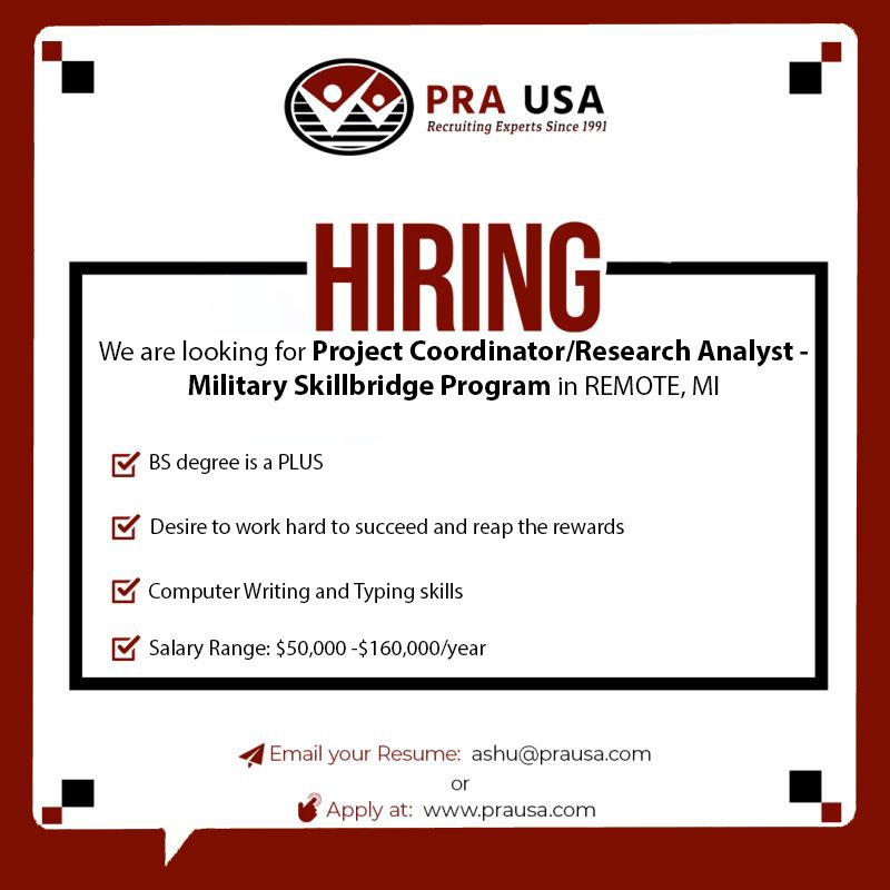 THEPRAGROUP's tweet photo. We are #hiring for 𝗣𝗿𝗼𝗷𝗲𝗰𝘁 𝗖𝗼𝗼𝗿𝗱𝗶𝗻𝗮𝘁𝗼𝗿/𝗥𝗲𝘀𝗲𝗮𝗿𝗰𝗵 𝗔𝗻𝗮𝗹𝘆𝘀𝘁 - 𝗠𝗶𝗹𝗶𝘁𝗮𝗿𝘆 𝗦𝗸𝗶𝗹𝗹𝗯𝗿𝗶𝗱𝗴𝗲 𝗣𝗿𝗼𝗴𝗿𝗮𝗺 in Remote, MI. Apply here: https://t.co/7ssvpTpgy0

#ProjectCoordinator
#ResearchAnalyst
#MichiganJobs 
#PraUsa https://t.co/Z4vW0Zdag5