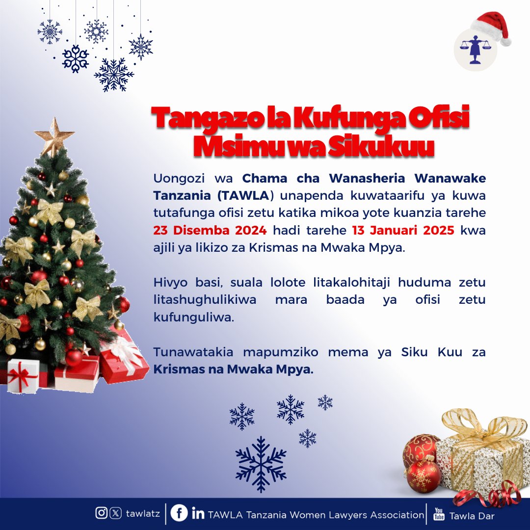 Tunapofunga Mwaka 2024, Tunatoa Shukrani Zetu za Dhati!

Tunapokaribia mwisho wa mwaka 2024, Bodi ya Wakurugenzi na Wafanyakazi wa Chama cha Wanasheria Wanawake Tanzania (TAWLA) tunatoa shukrani za dhati kwa wadau wetu wote.

Mchango wenu wa dhati na ushirikiano wenu umekuwa