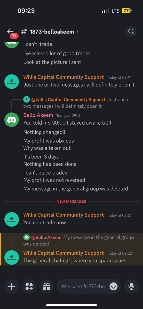 kingjhoe88's tweet photo. @WillisCapitalHQ 

I placed a trade on AUDCAD which was in profit of $100+ before setting my breakeven which price didn’t reverse before hitting TP only for me to check my marchtrader to see it took me out with a loss and price didn’t reverse so how did that happen I texted the support which they opened a ticket for me I sent all proof about the trade including a TradingView proof that it didn’t reverse after setting break even and a screenshot of when I was in a profit of $100+ the next day my account was tagged breached even when it was obviously not up to half of the daily drawdown which I sent screenshots 
It’s been 3 days and I haven’t been told anything the first day I opened a ticket and texted I was told it’ll be resolved under 24 hours which didn’t happen the next morning when my account showed breached i reported again and I was told before the day ends it’s been 3 days now…I even sent screenshots of the issue to the general chat but it was deleted by your moderator 

You guys should fix this ASAP