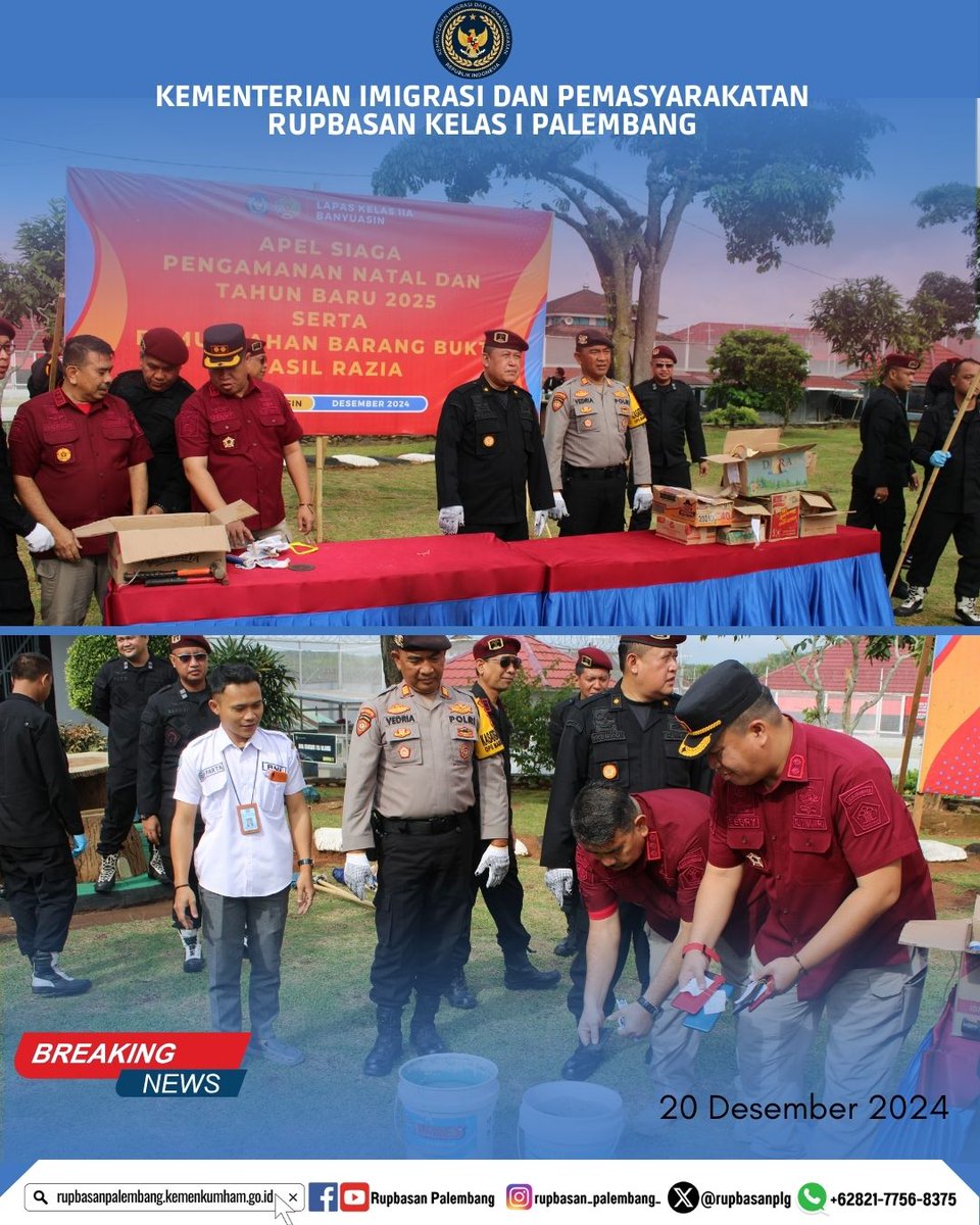 rupbasanplg's tweet photo. Jajaran #RupbasanPalembang Hadiri Apel Siaga Pengamanan #Nataru2025 serta Pemusnahan Barang Hasil Razia di Lapas Kelas IIA Banyuasin, Jum’at (20 Des 2024).

@rupbasanplg
@kemenimipas
@kumhamsumsel

#infoimipas #pemasyarakatan
##Kemenimipas #KemenimipasRI
#Seputar_Kemenimipas https://t.co/CPg9KjtmWh