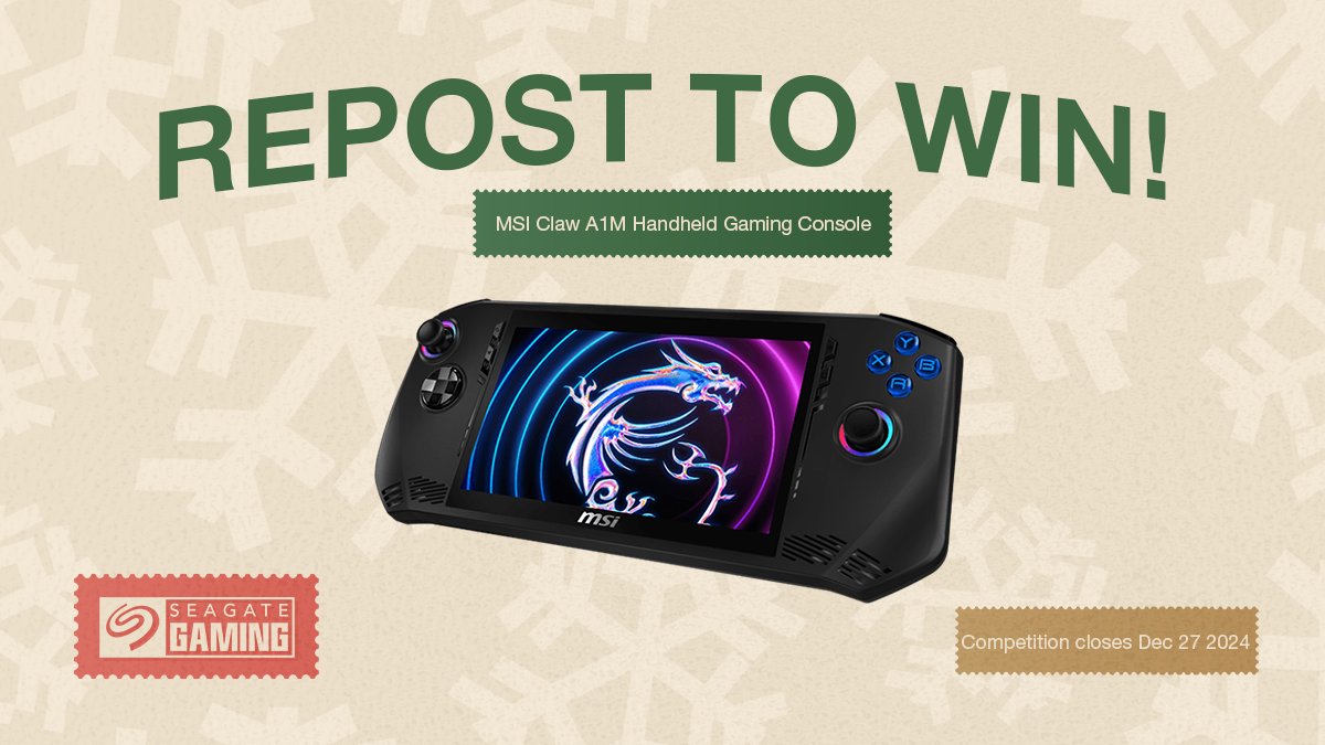Seagate Gaming (@seagategaming) on Twitter photo For our last prize, we’re giving away an <a href="/msigaming/">MSI Gaming</a> Claw A1M handheld gaming console! 🎁
Repost below to enter for a chance to win!
T&Cs apply:
seagate.media/6015owmG1
#SeagateGaming #Giveaway #HappyHolidays For our last prize, we’re giving away an <a href="/msigaming/">MSI Gaming</a> Claw A1M handheld gaming console! 🎁
Repost below to enter for a chance to win!
T&Cs apply:
seagate.media/6015owmG1
#SeagateGaming #Giveaway #HappyHolidays