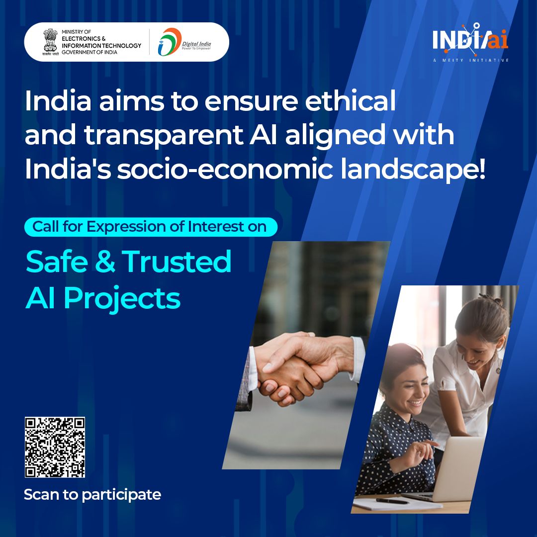 GoI_MeitY's tweet image. IndiaAI is calling innovators and organisation to lead transformative Safe &amp;amp; Trusted AI Projects. Visit indiaai.gov.in/article/expres…

#AIForGood #ResponsibleAI #SafeAndTrustedAI #DigitalIndia @GoI_MeitY @abhish18 @OfficialINDIAai