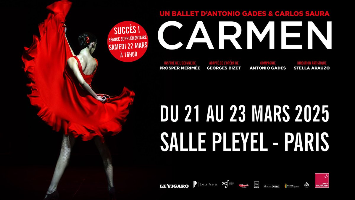 sallepleyel's tweet image. 🚨[MISE EN VENTE]🚨
Nous ajoutons une séance supplémentaire le 22 mars à 16h00 pour Carmen à la Salle Pleyel ! Une fusion unique entre l'opéra de Bizet et un orchestre flamenco live 💃

🎫 Billetterie : tinyurl.com/3k64b8hc 
Spectacle présenté par @Losproduction_