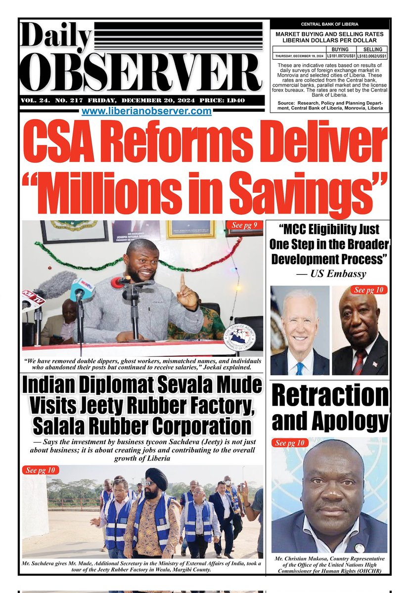 Liberianobserver.com (@libobserver) on Twitter photo #Liberia #Headlines December 20, 2024 π±π· <a href="/MCCgov/">Millennium Challenge Corporation</a> <a href="/OhchrL/">OHCHR Liberia</a> <a href="/upjit_jeety/">Upjit Singh Sachdeva</a> <a href="/csaliberia/">Civil Service Agency-Liberia</a> #Liberia #Headlines December 20, 2024 π±π· <a href="/MCCgov/">Millennium Challenge Corporation</a> <a href="/OhchrL/">OHCHR Liberia</a> <a href="/upjit_jeety/">Upjit Singh Sachdeva</a> <a href="/csaliberia/">Civil Service Agency-Liberia</a>