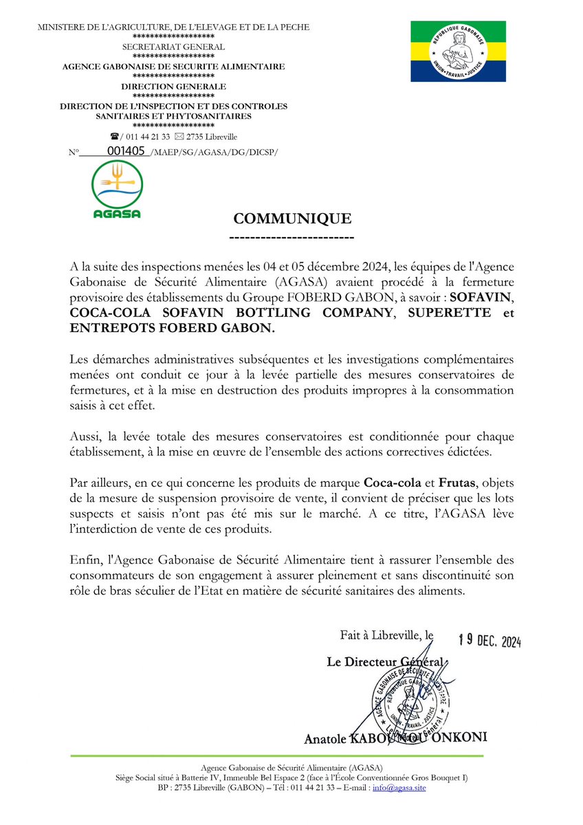 #Communiqué | 📑 Levée partielle des mesures conservatoires sur les Établissements du groupe FOBERD GABON.