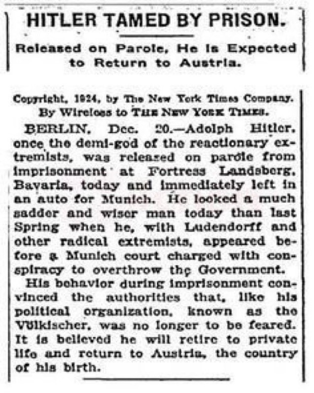 FXMC1957's tweet photo. 20 December 1924. Adolf Hitler was released from Landsberg Fortress, after serving just 264 days of a 5 year sentence for “high treason”, for organising the failed 1923 Munich Beer Hall Putsch. While in prison, Hitler had decided he would now take the “legal route to power”. https://t.co/nti5zrZBX0