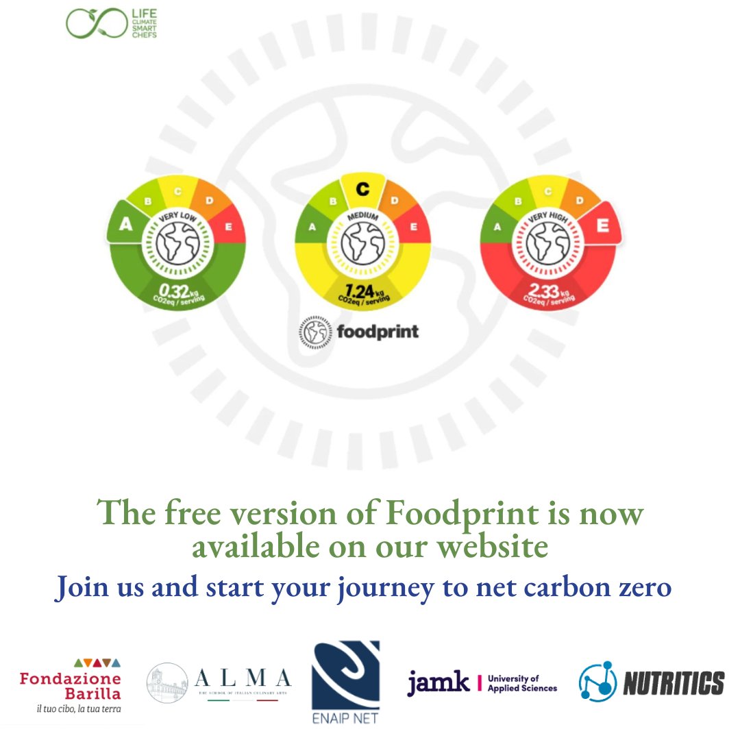 A free version of Foodprint is available on our website:a fully automated, environmental impact scoring, display and emission reporting system for calculating the emissions connected to your recipes and menus. Join us!

<a href="/Alma_School/">Alma Scuola Cucina</a> <a href="/enaip_net/">ENAIP NET</a> @jamk_fi <a href="/Nutritics/">Nutritics</a> <a href="/LIFEprogramme/">LIFE Programme</a>